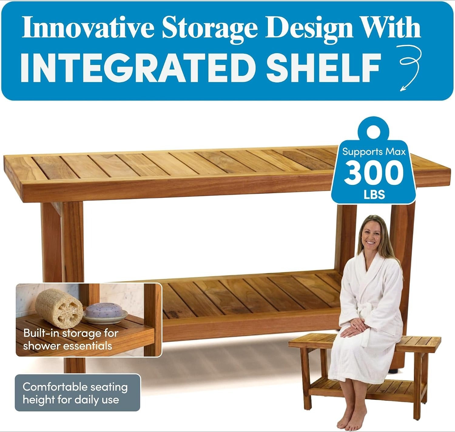 36 Inch Spa Teak Shower Bench With Storage Shelf