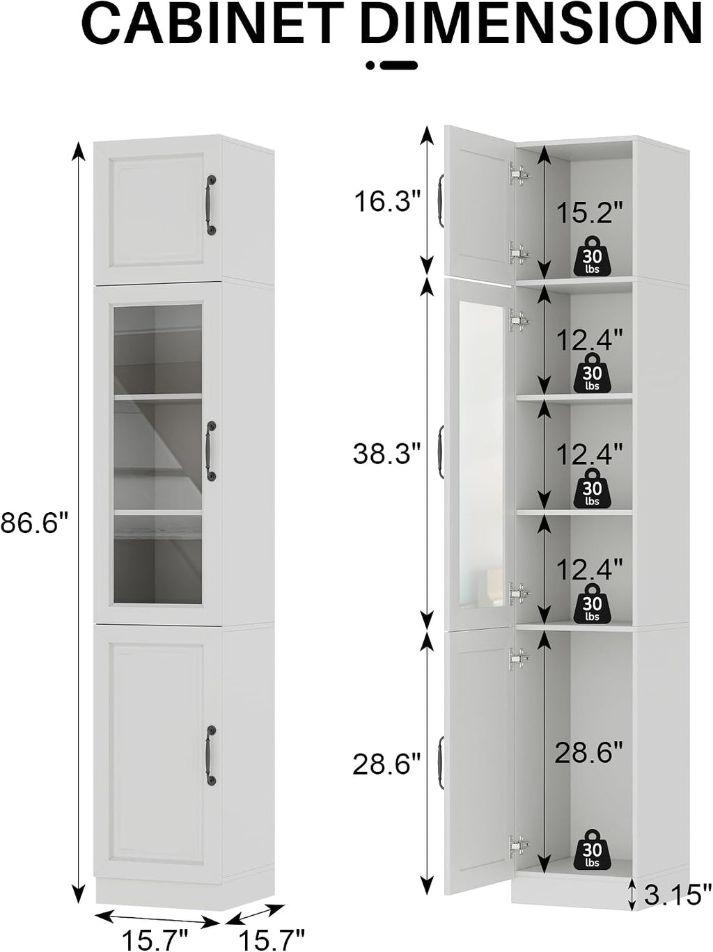 White Tall Narrow Glass Door Freestanding Storage Cabinet