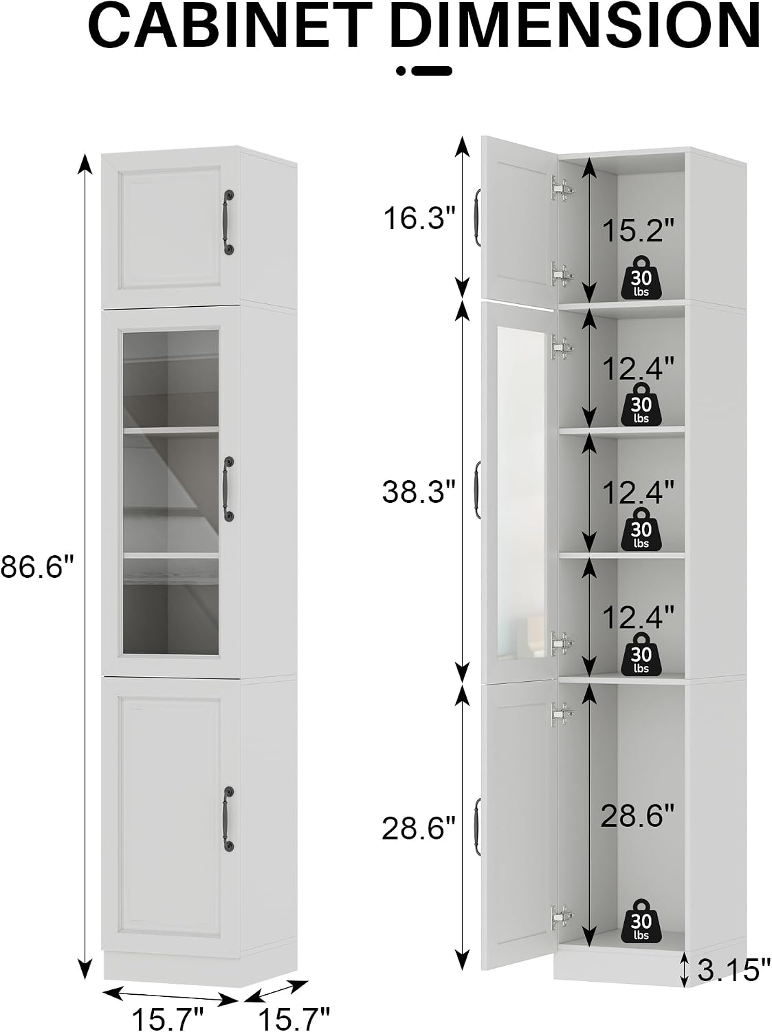 White Tall Narrow Glass Door Freestanding Storage Cabinet