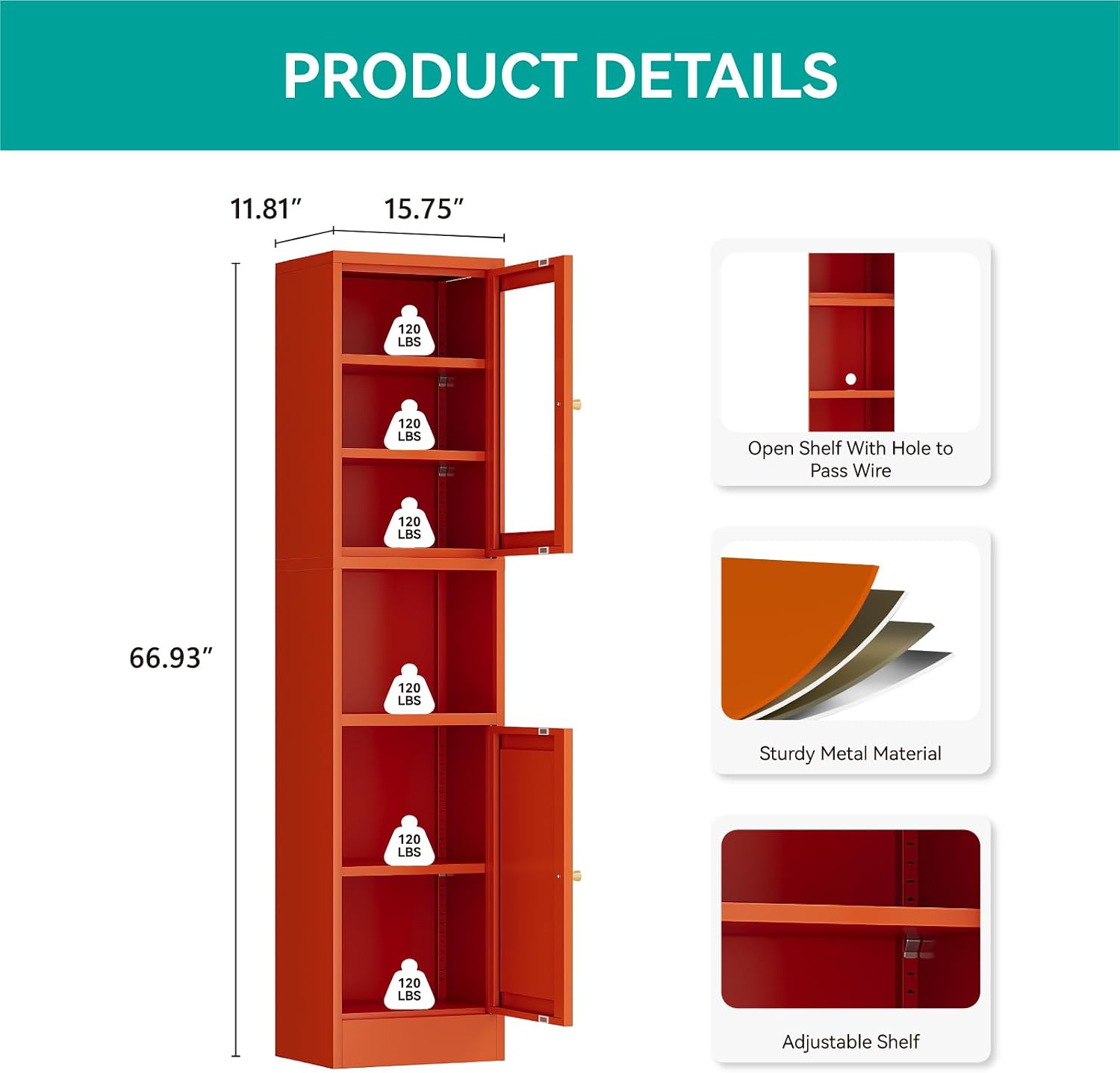 Orange Slim Glass Door Metal Storage Cabinet