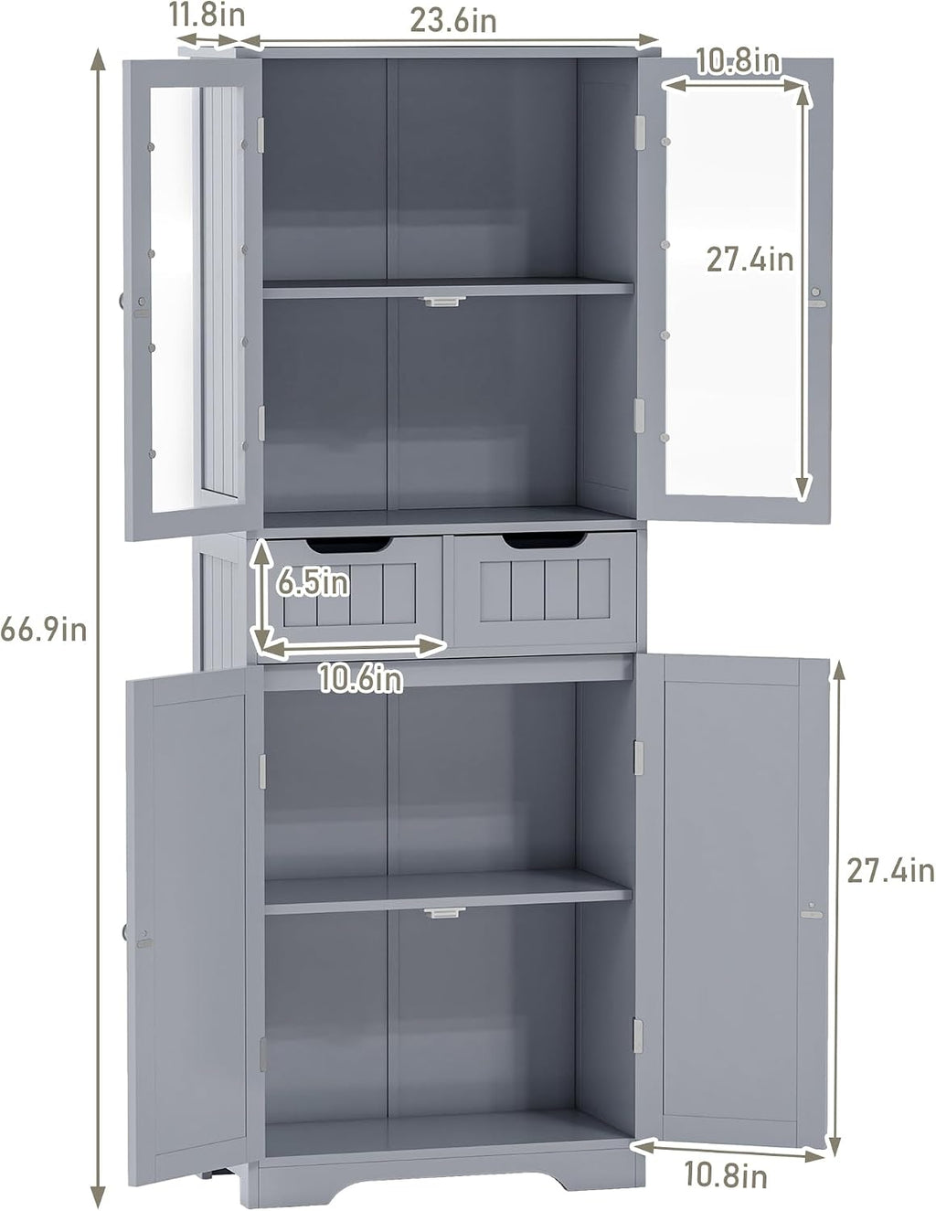 Gray Tall Freestanding Glass Door Storage Cabinet