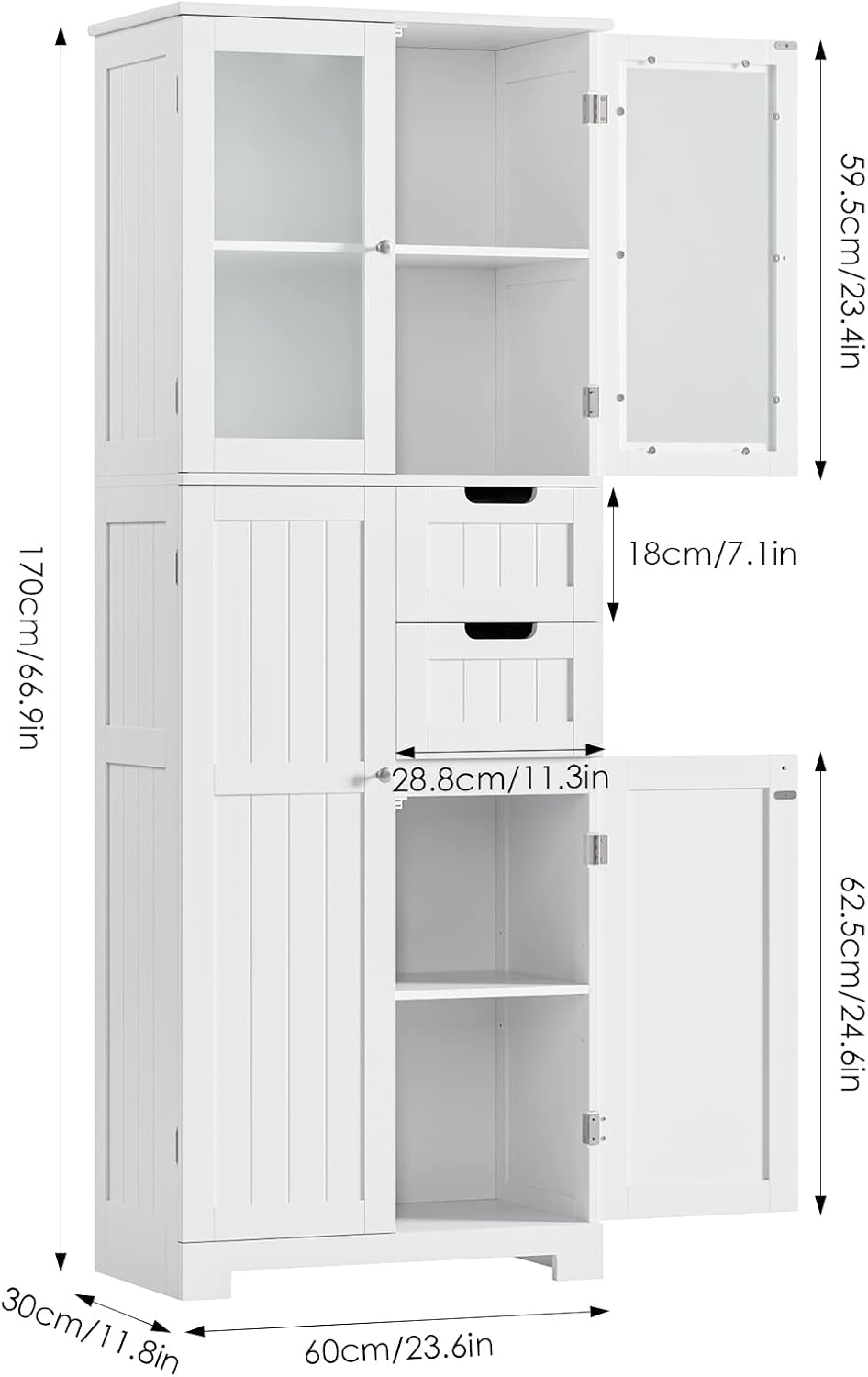 White Tall Frosted Glass Linen Storage Cabinet