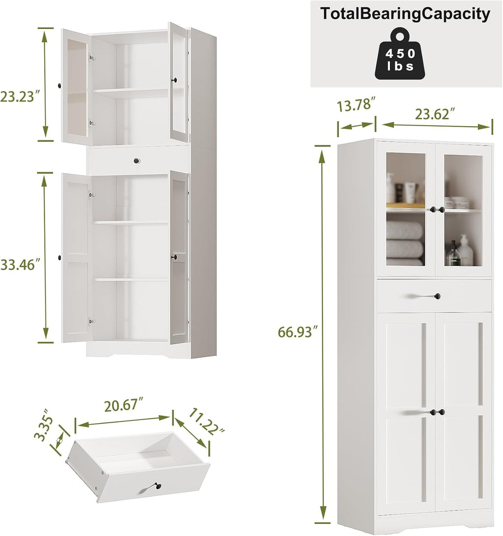 White Freestanding Glass Door Tall Linen Cabinet