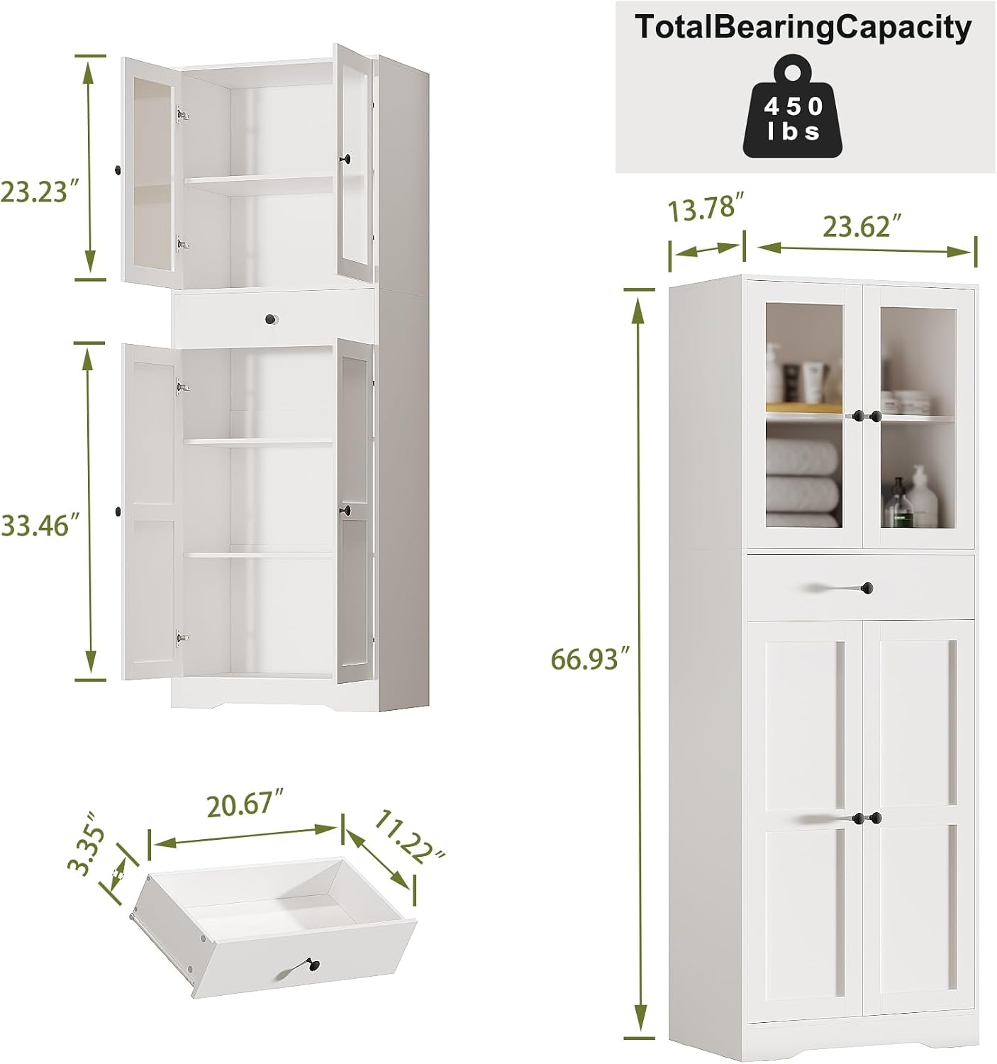 White Freestanding Glass Door Tall Linen Cabinet