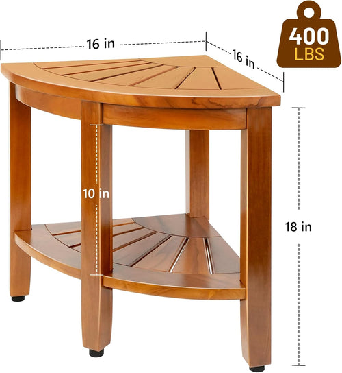 18 Inch Premium Solid Teak Corner Shower Bench With Shelf