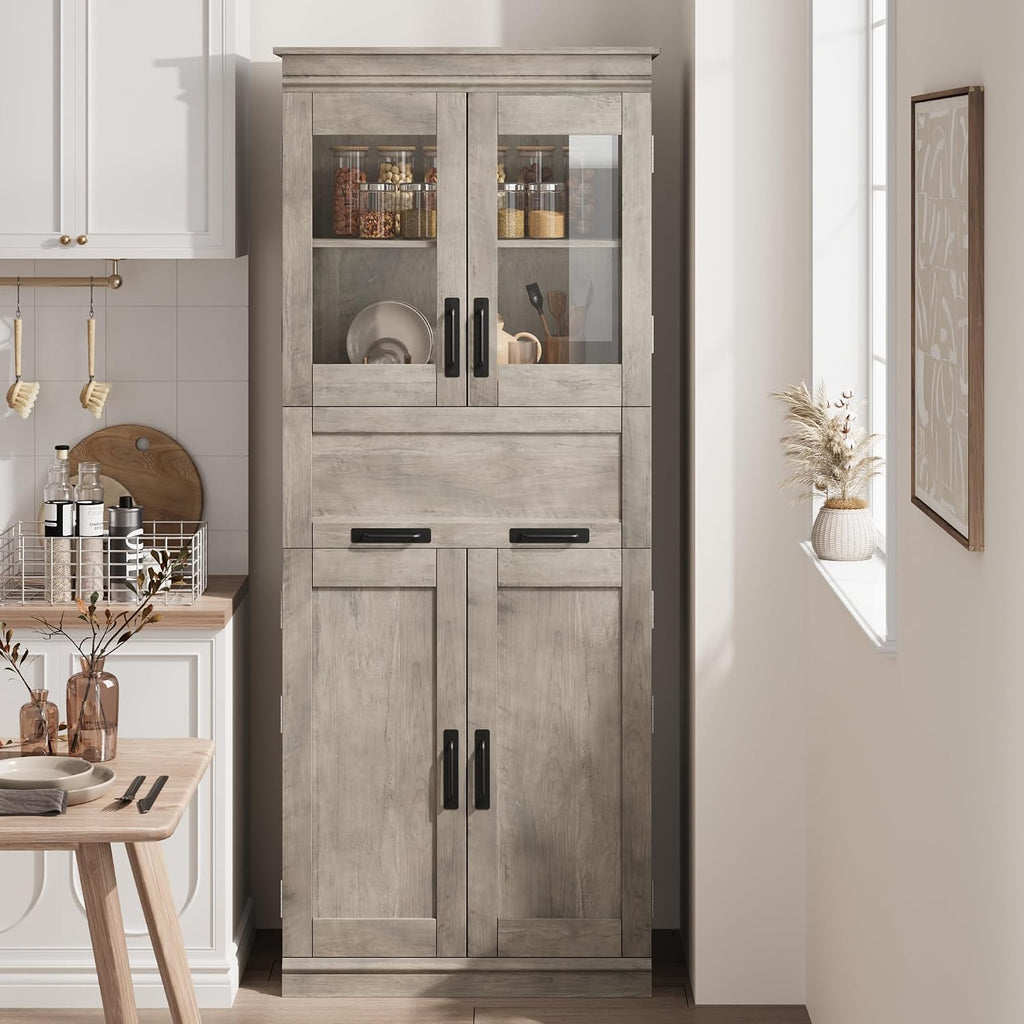 Rustic Freestanding Glass Door Tall Storage Cabinet