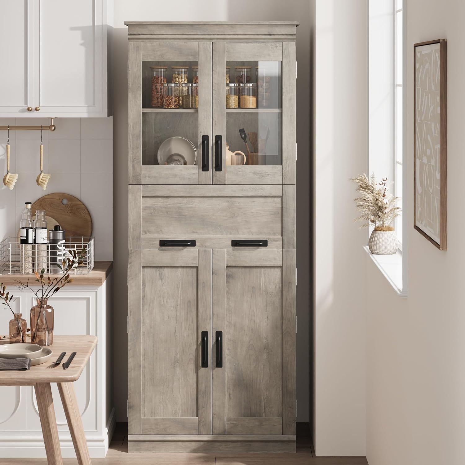 Rustic Freestanding Glass Door Tall Storage Cabinet