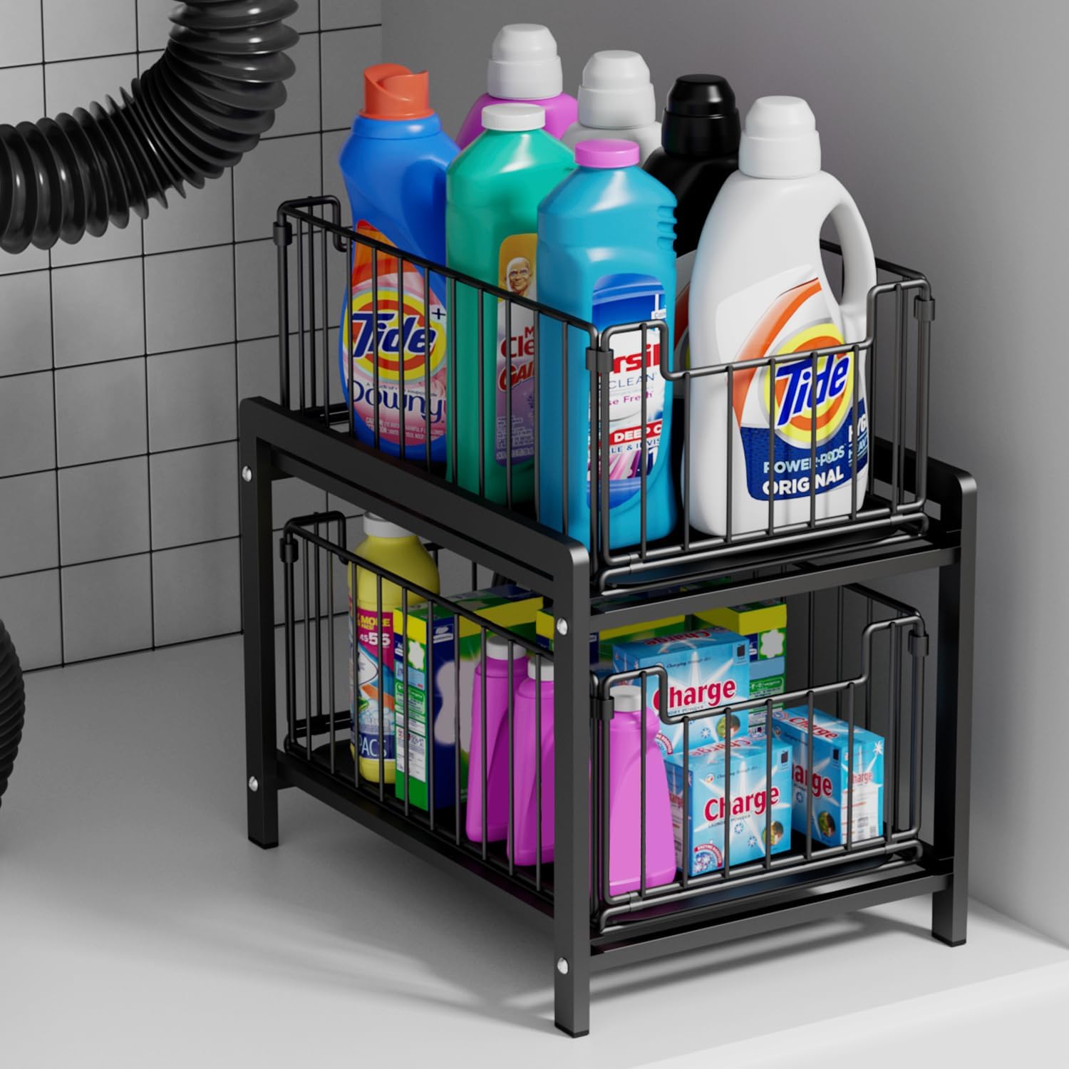 Black 2-Tier Sliding Under Sink Basket