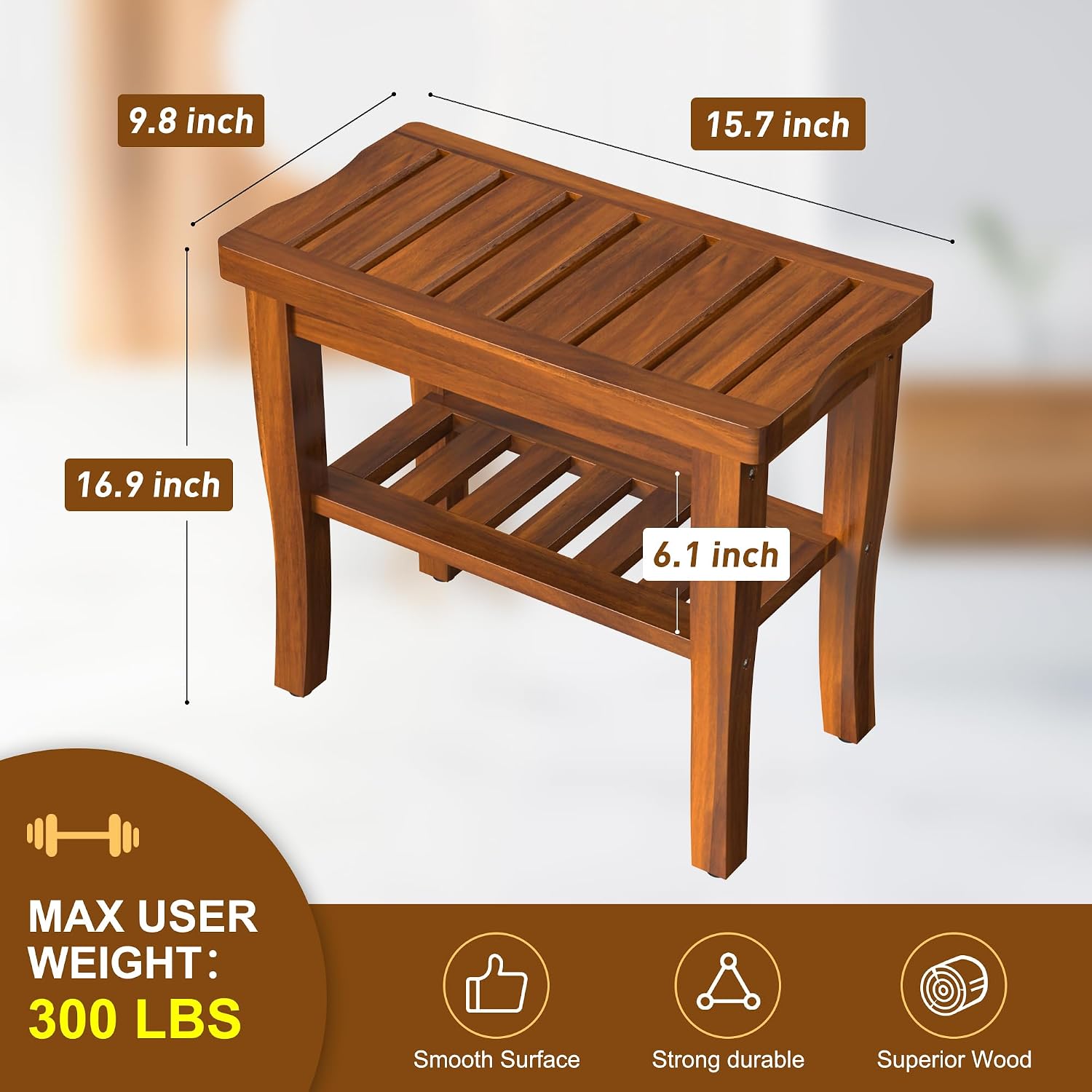 Waterproof Teak Wood Shower Bench With Storage Shelf