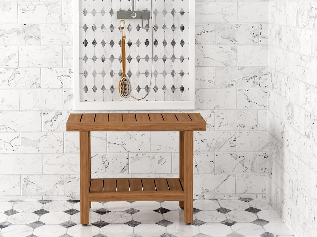 24 Inch Spa Teak Shower Bench With Storage Shelf