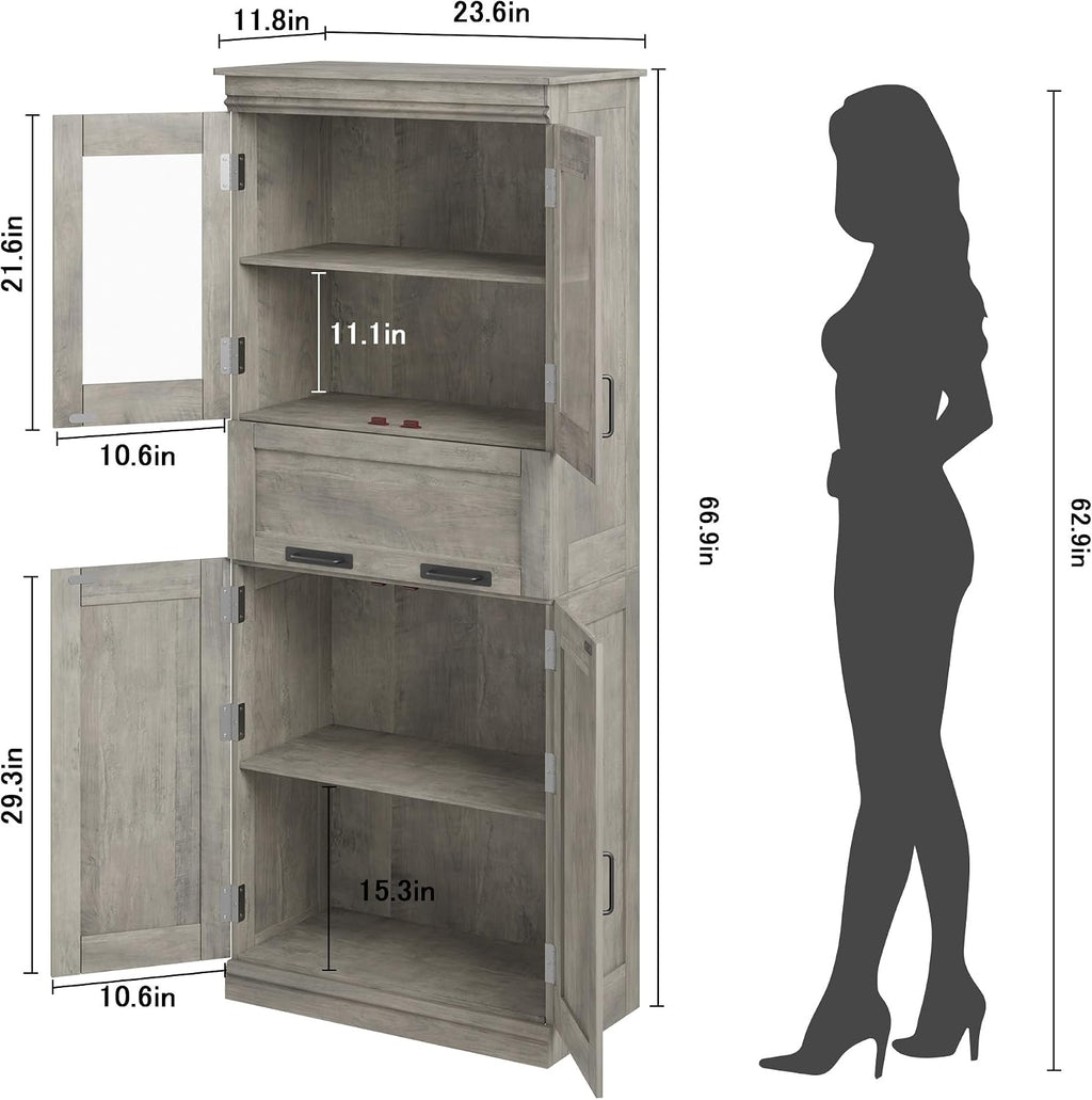 Rustic Freestanding Glass Door Tall Storage Cabinet