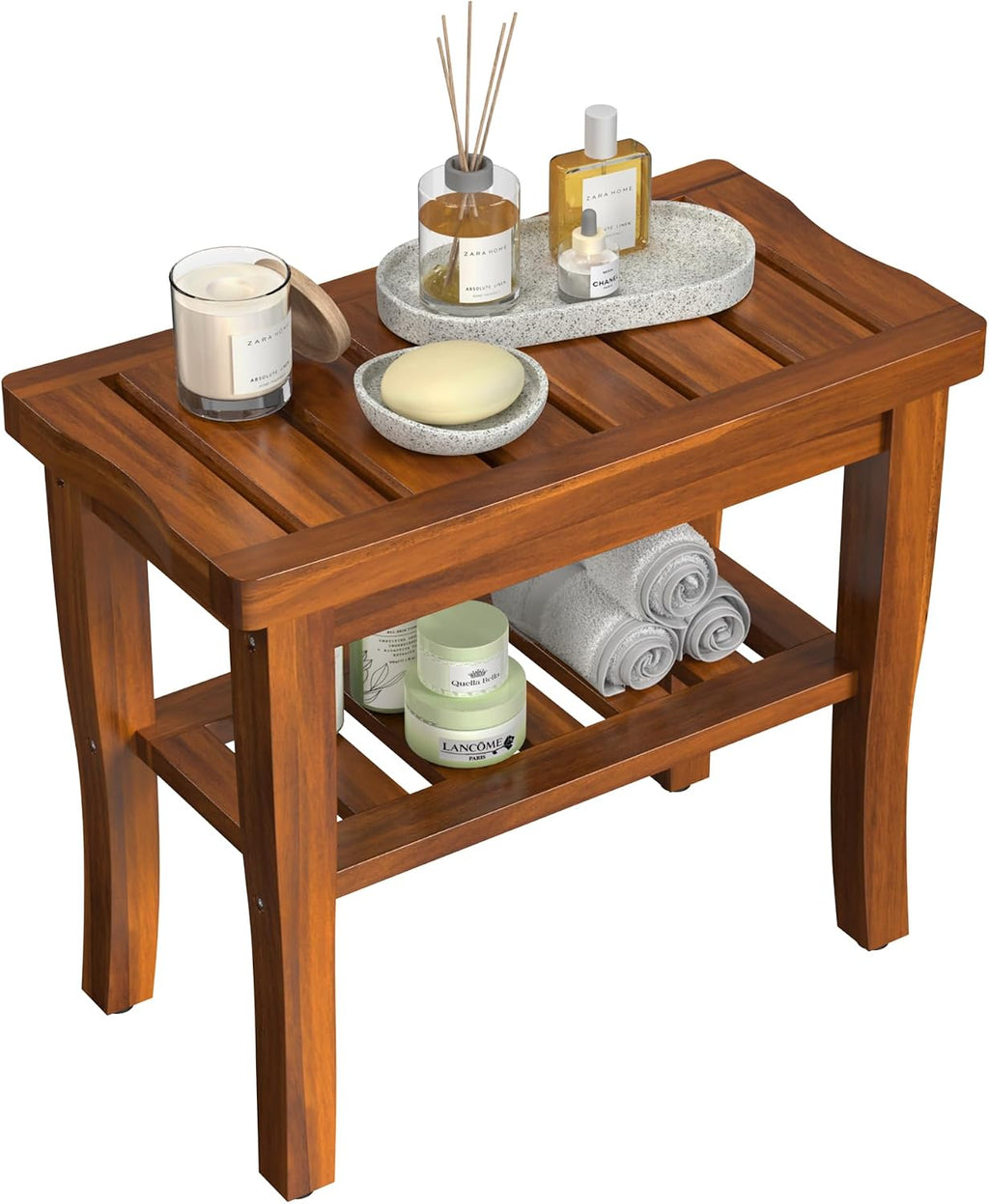 Waterproof Teak Wood Shower Bench With Storage Shelf