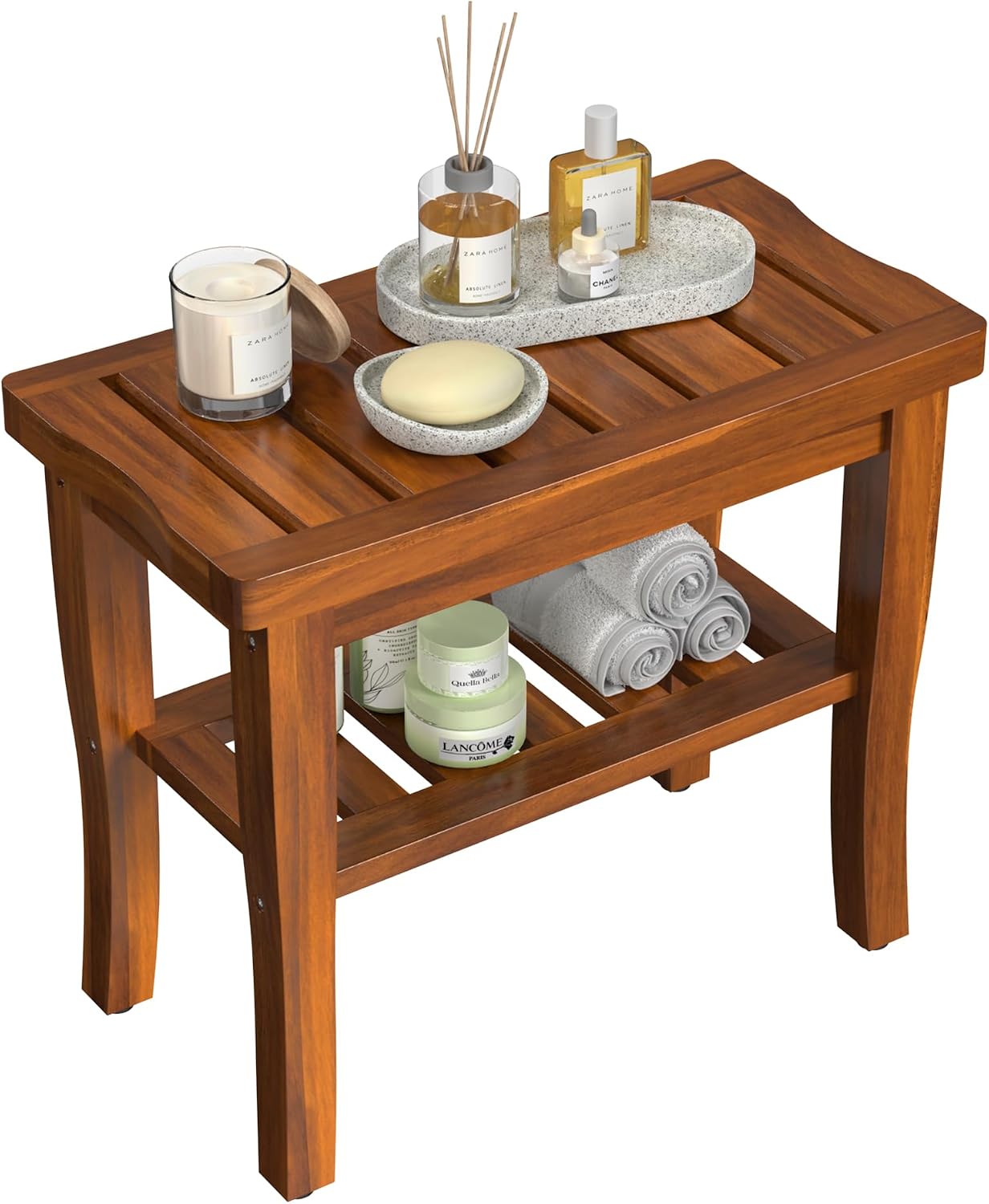 Waterproof Teak Wood Shower Bench With Storage Shelf