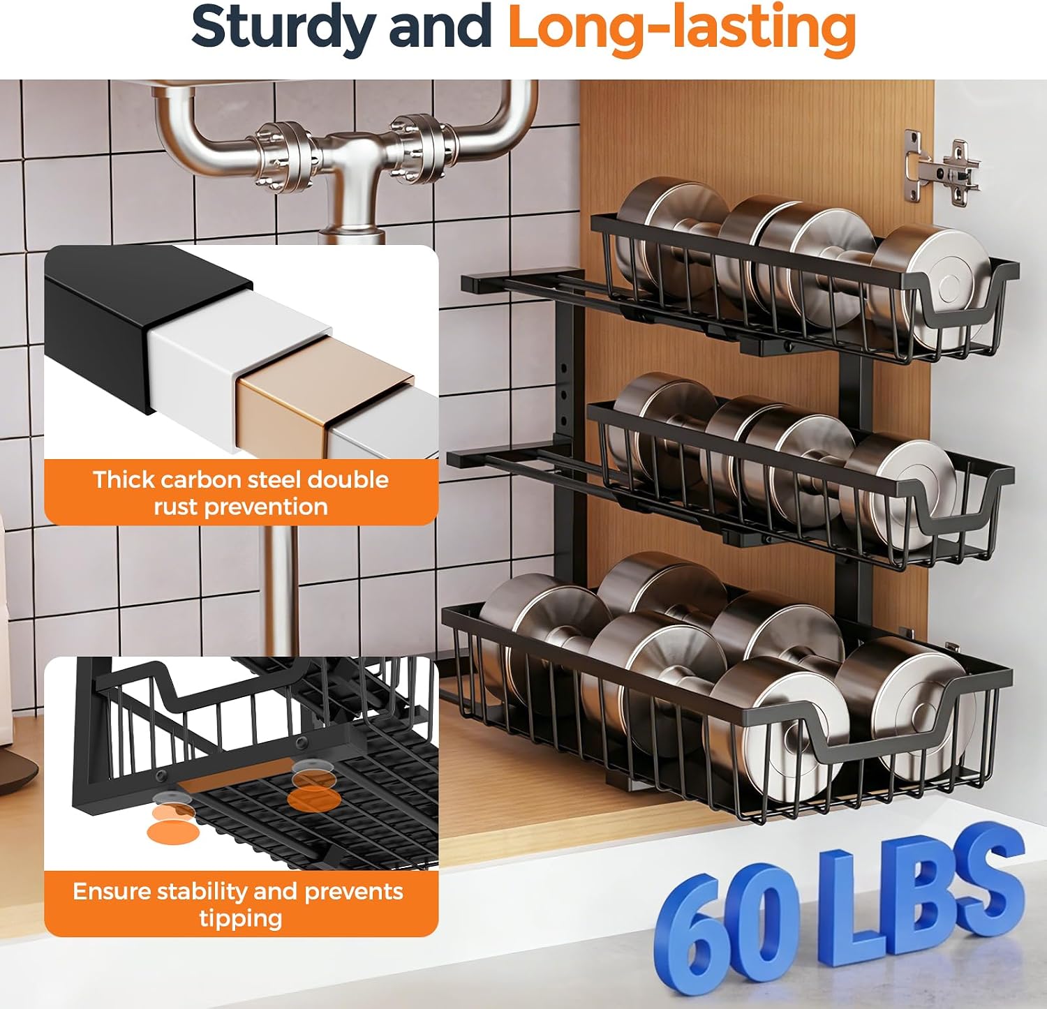 3-Tier Black Adjustable Under Sink Organizer
