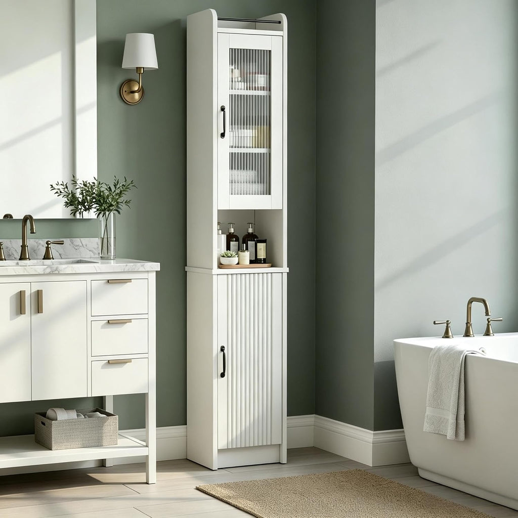 Cream White Slim Tall Glass Door Linen Cabinet