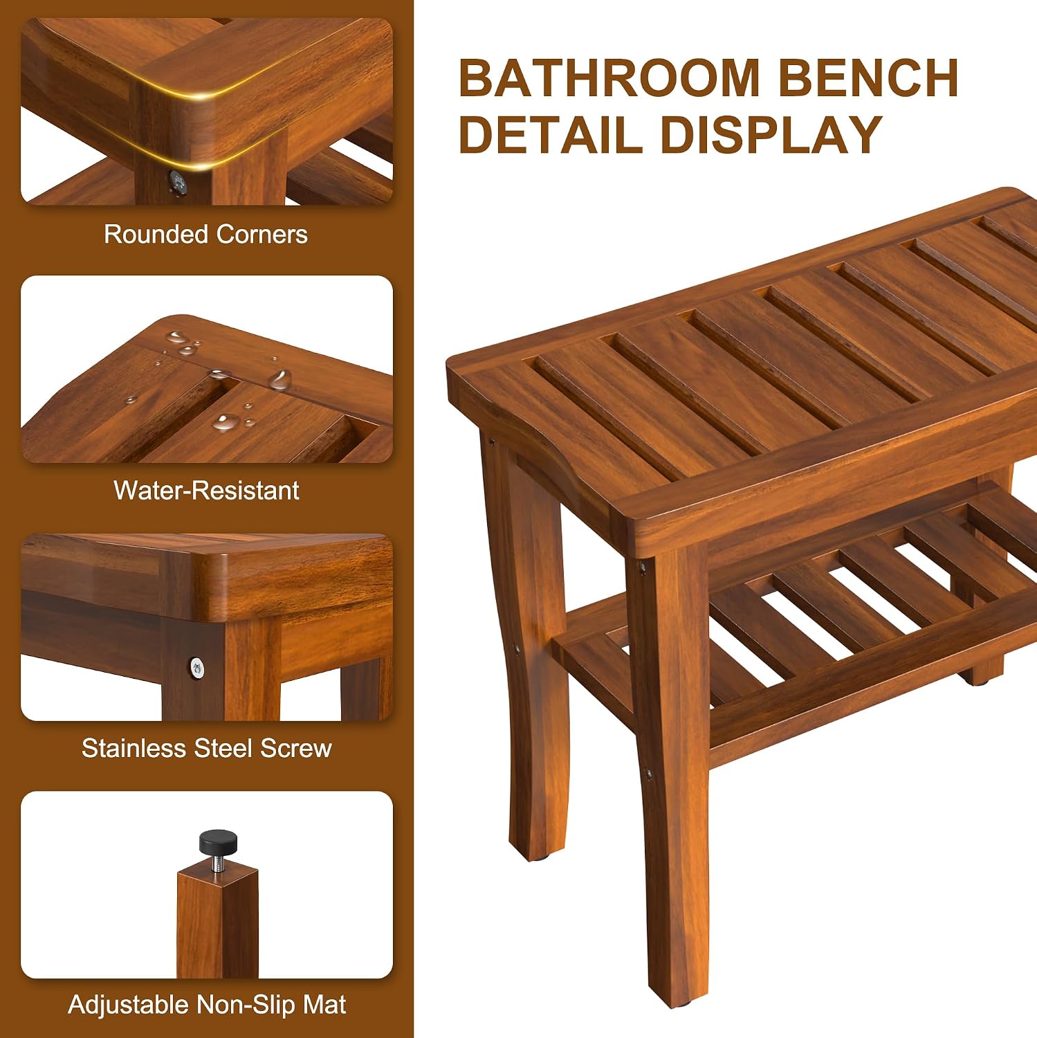 Waterproof Teak Wood Shower Bench With Storage Shelf