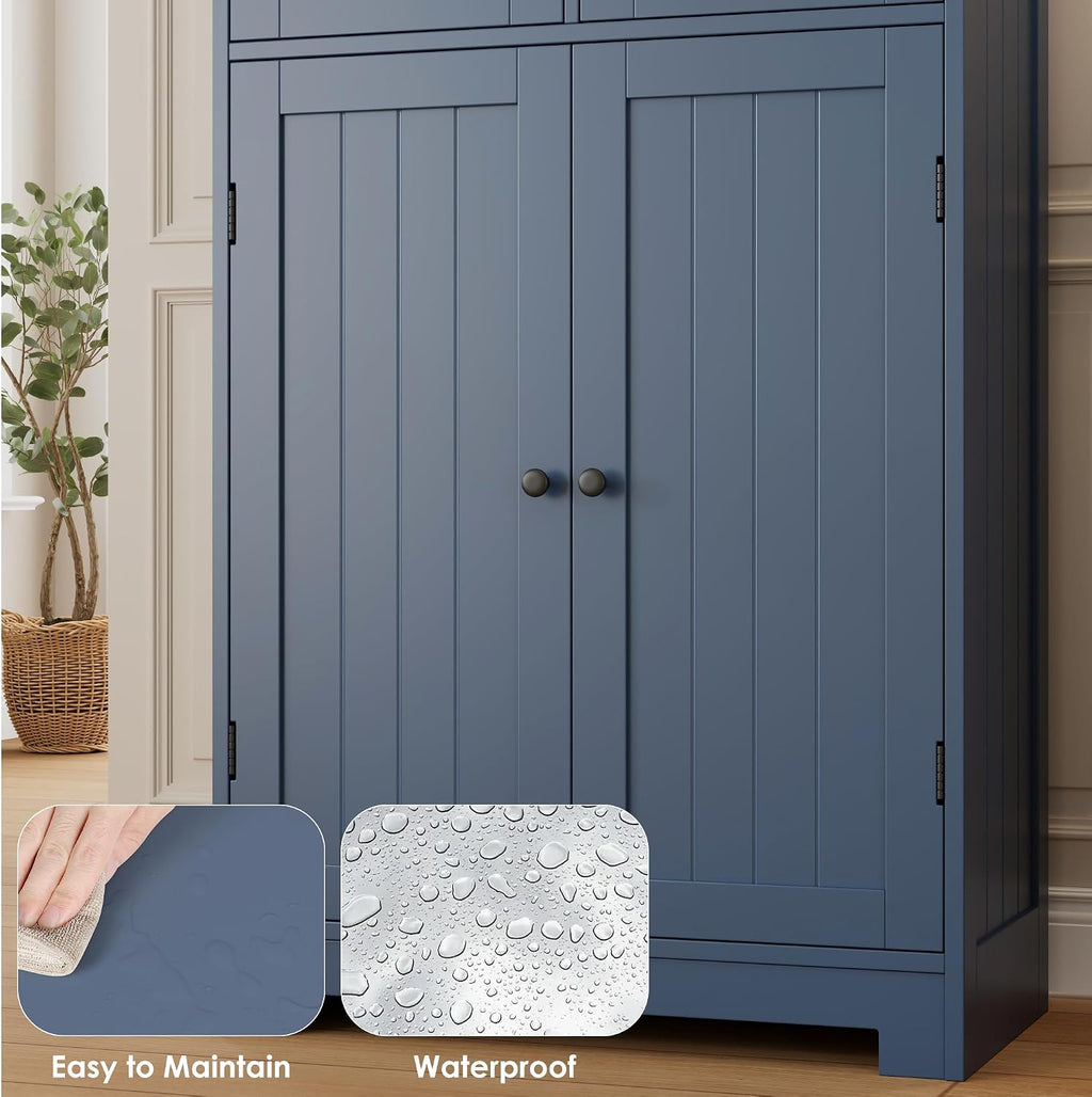 Blue Freestanding Tall Glass Door Linen Cabinet