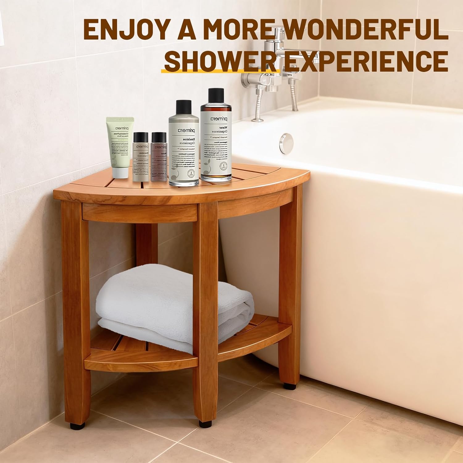 18 Inch Premium Solid Teak Corner Shower Bench With Shelf