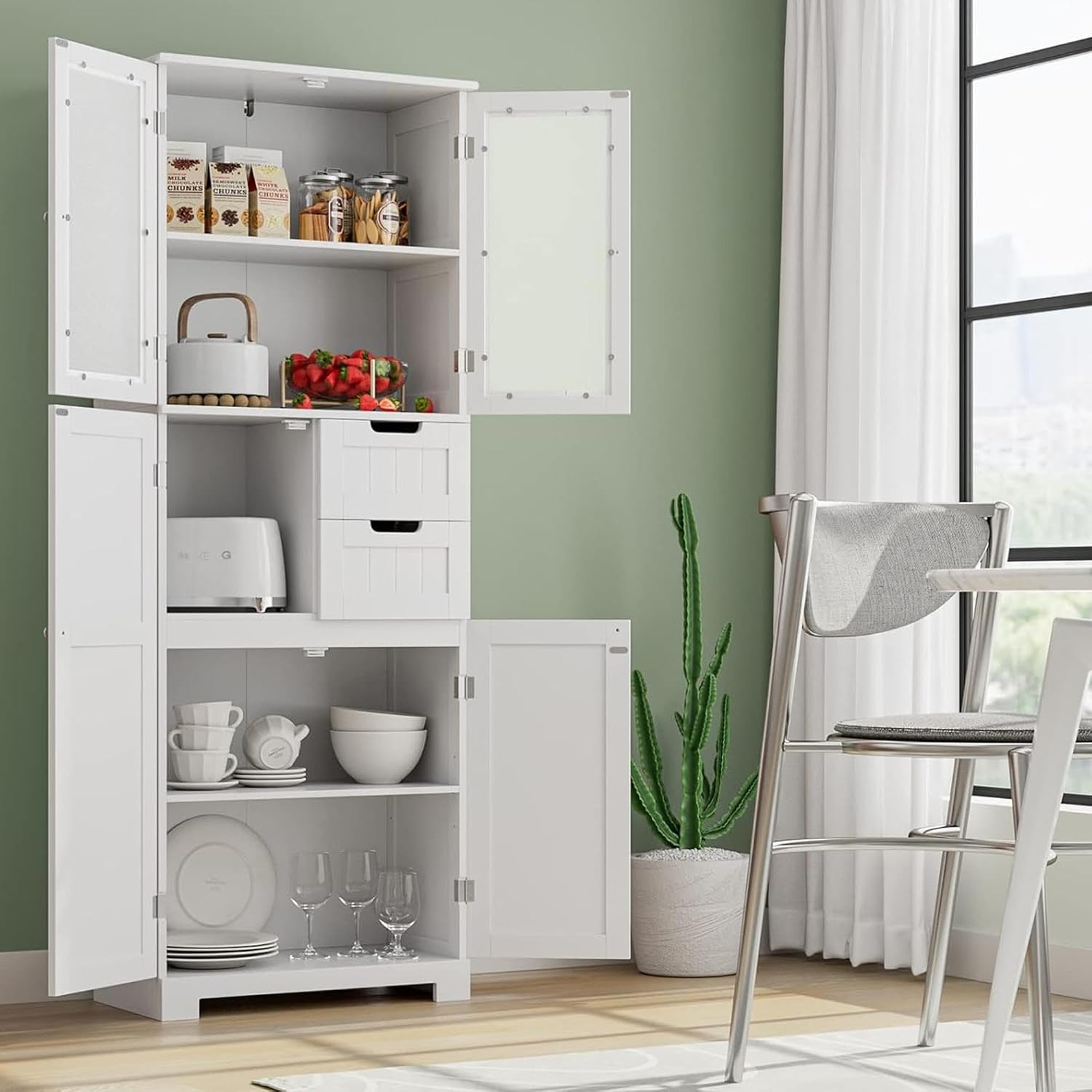 White Tall Frosted Glass Linen Storage Cabinet