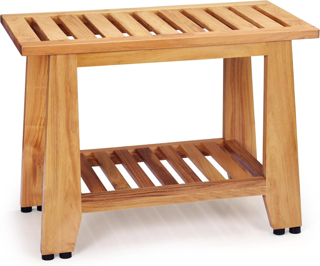 24 Inch Heavy Duty Teak Shower Bench With Storage Shelf