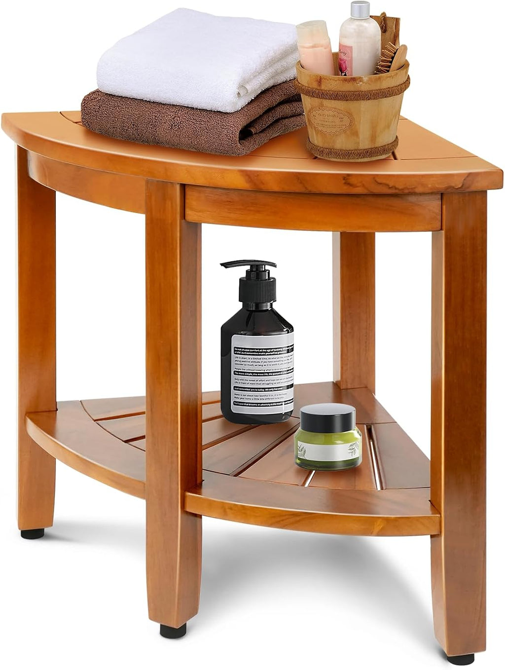18 Inch Premium Solid Teak Corner Shower Bench With Shelf