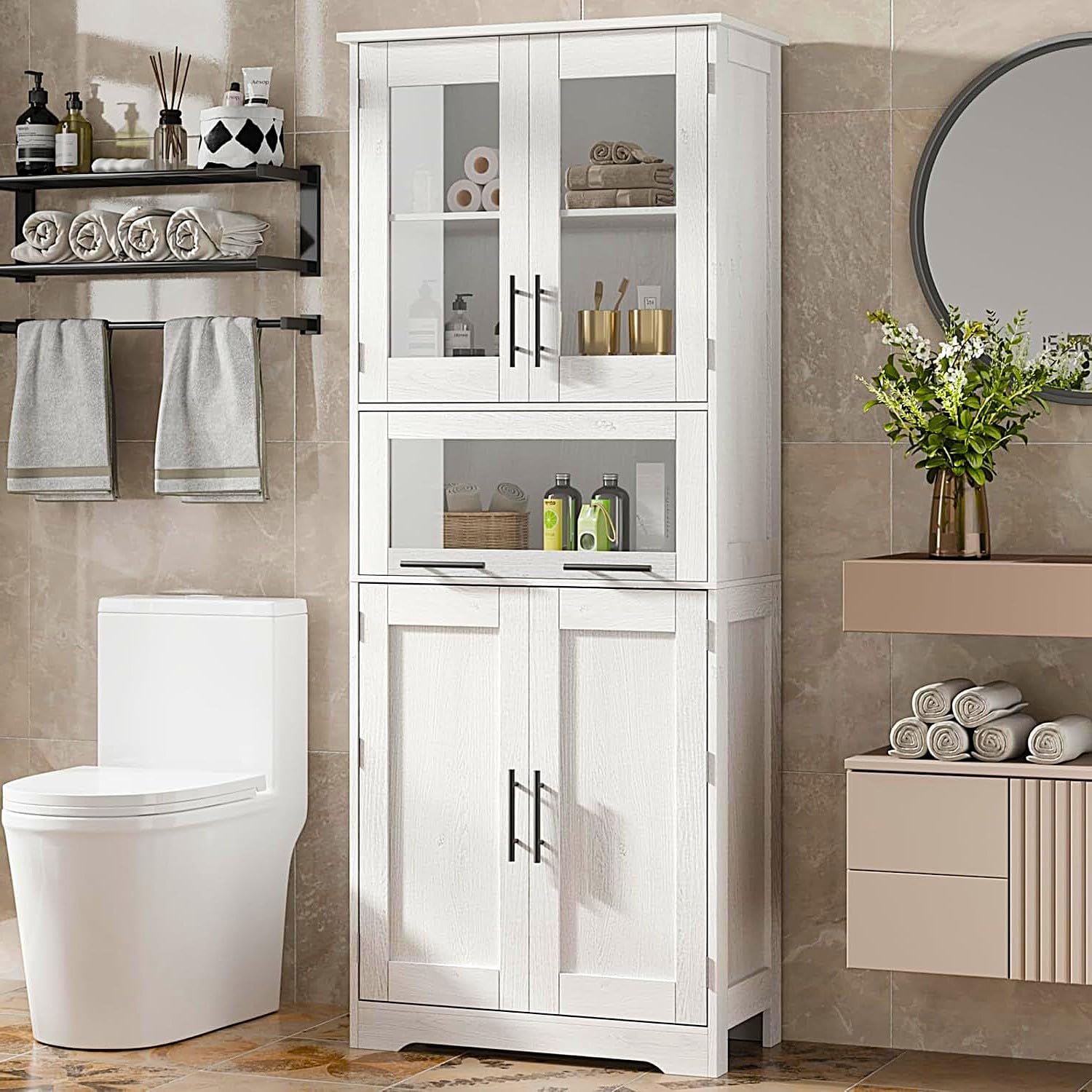 White Freestanding Tall Bathroom Storage Cabinet