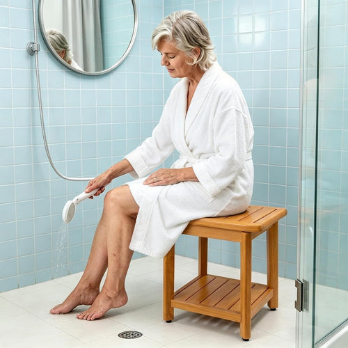 14 Inch Compact Teak Shower Bench With Storage Shelf
