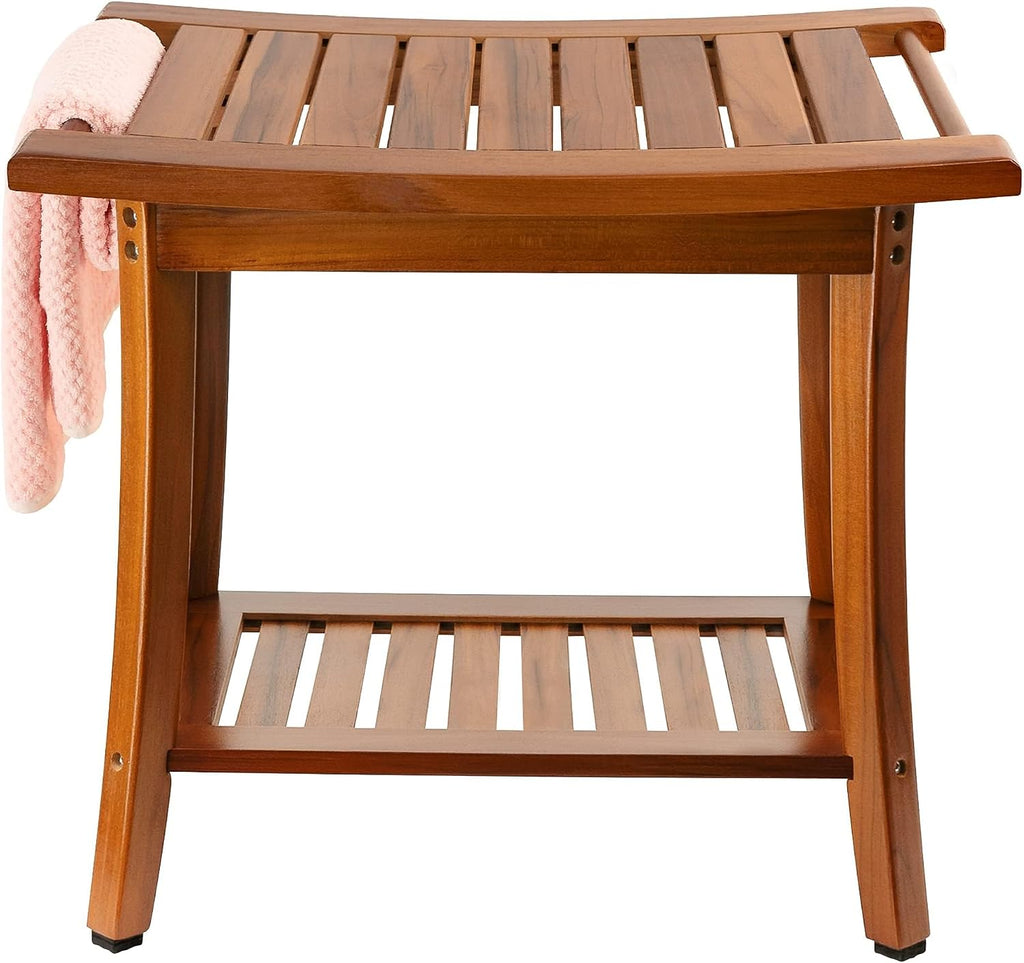 22 Inch Teak Shower Bench With Handles And Storage Shelf