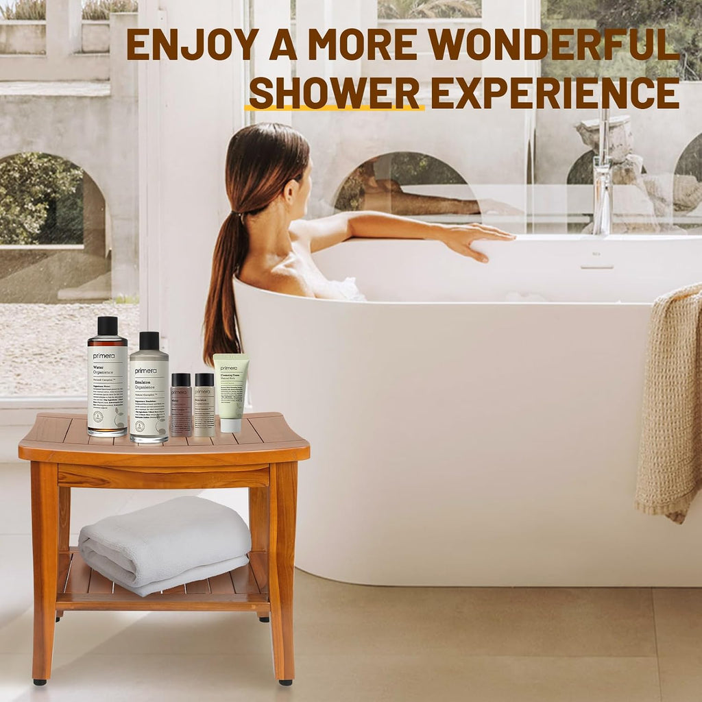 20 Inch Solid Teak Shower Bench With Shelf And Handle