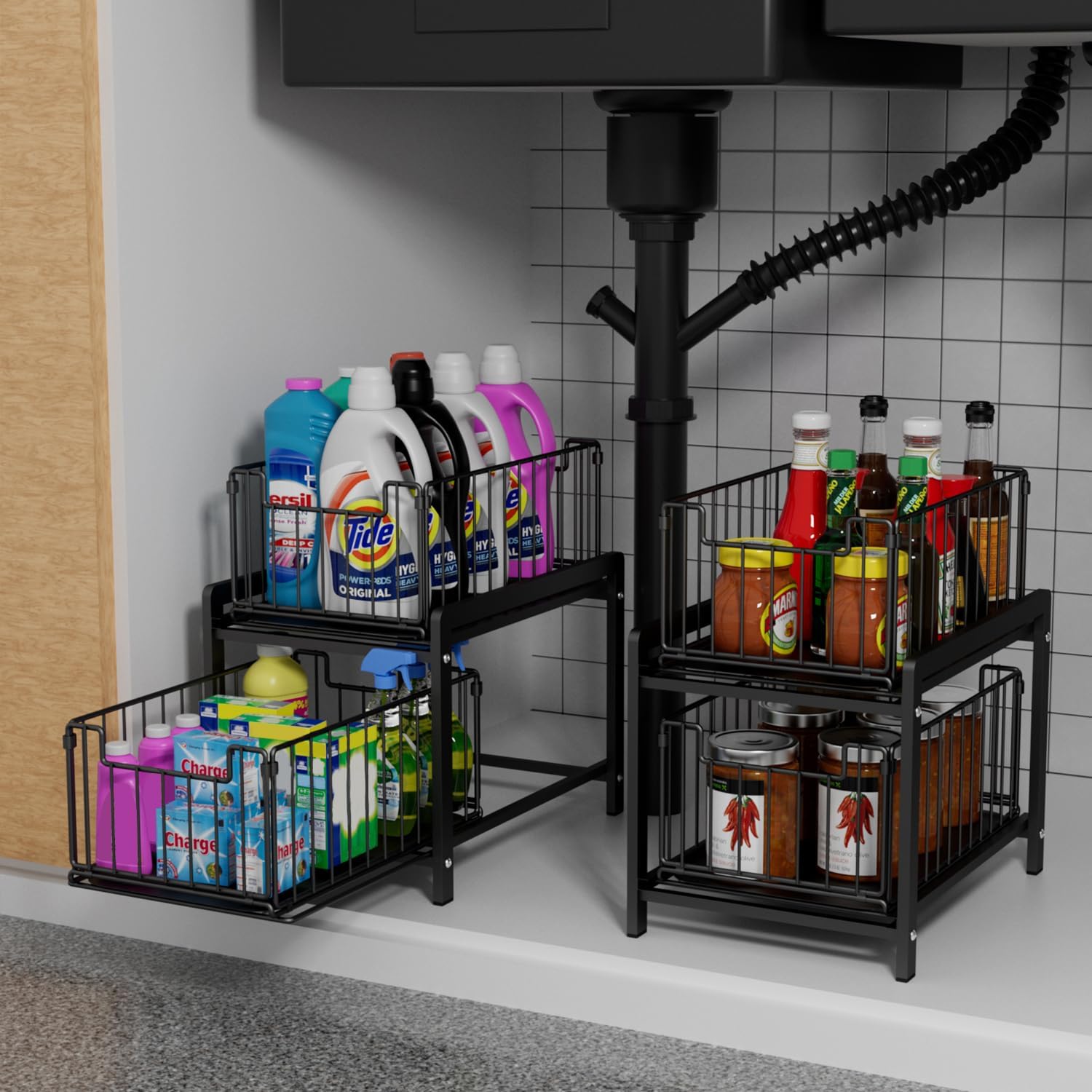 Black 2-Tier Sliding Under Sink Basket