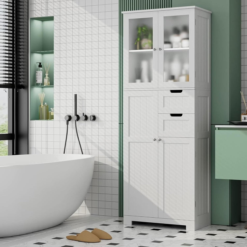White Tall Frosted Glass Linen Storage Cabinet