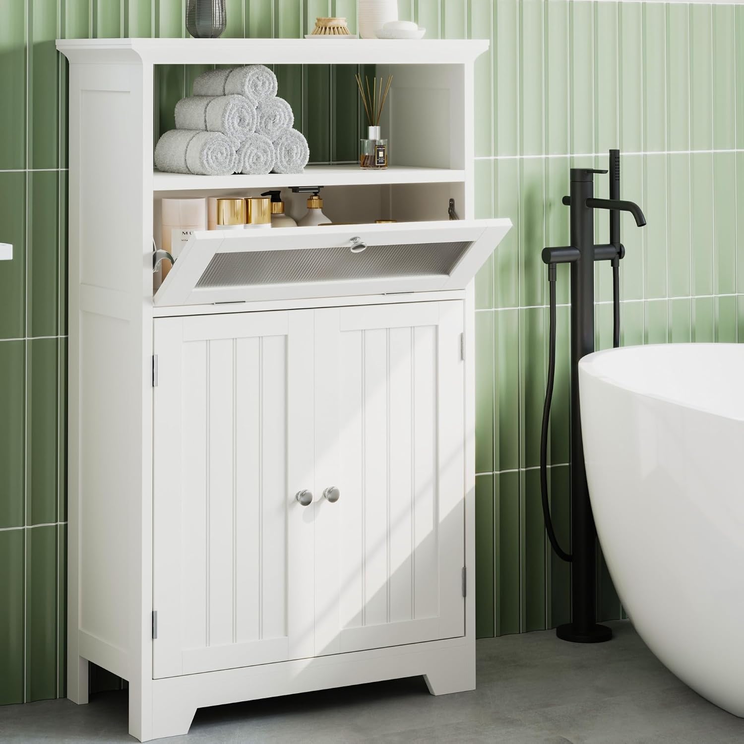Pure White Freestanding Glass Drawer Storage Cabinet