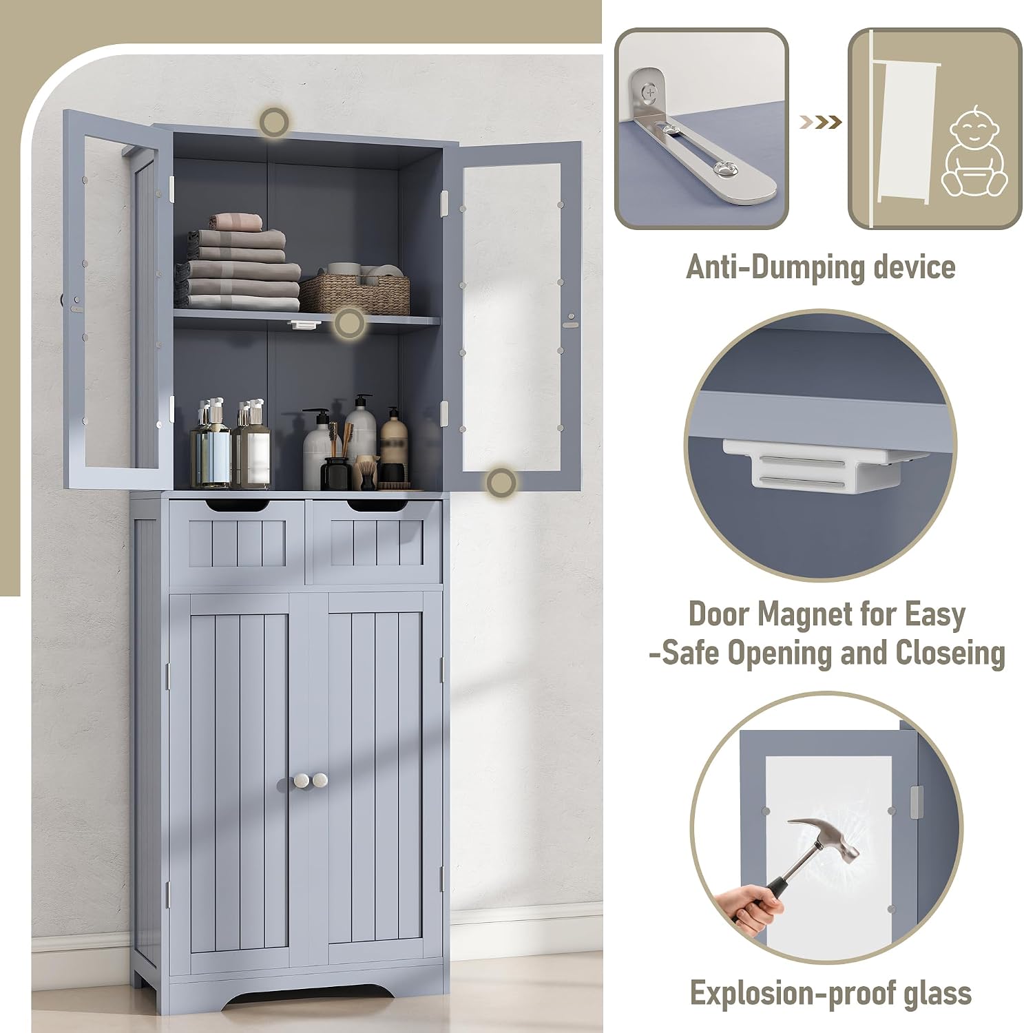 Gray Tall Freestanding Glass Door Storage Cabinet