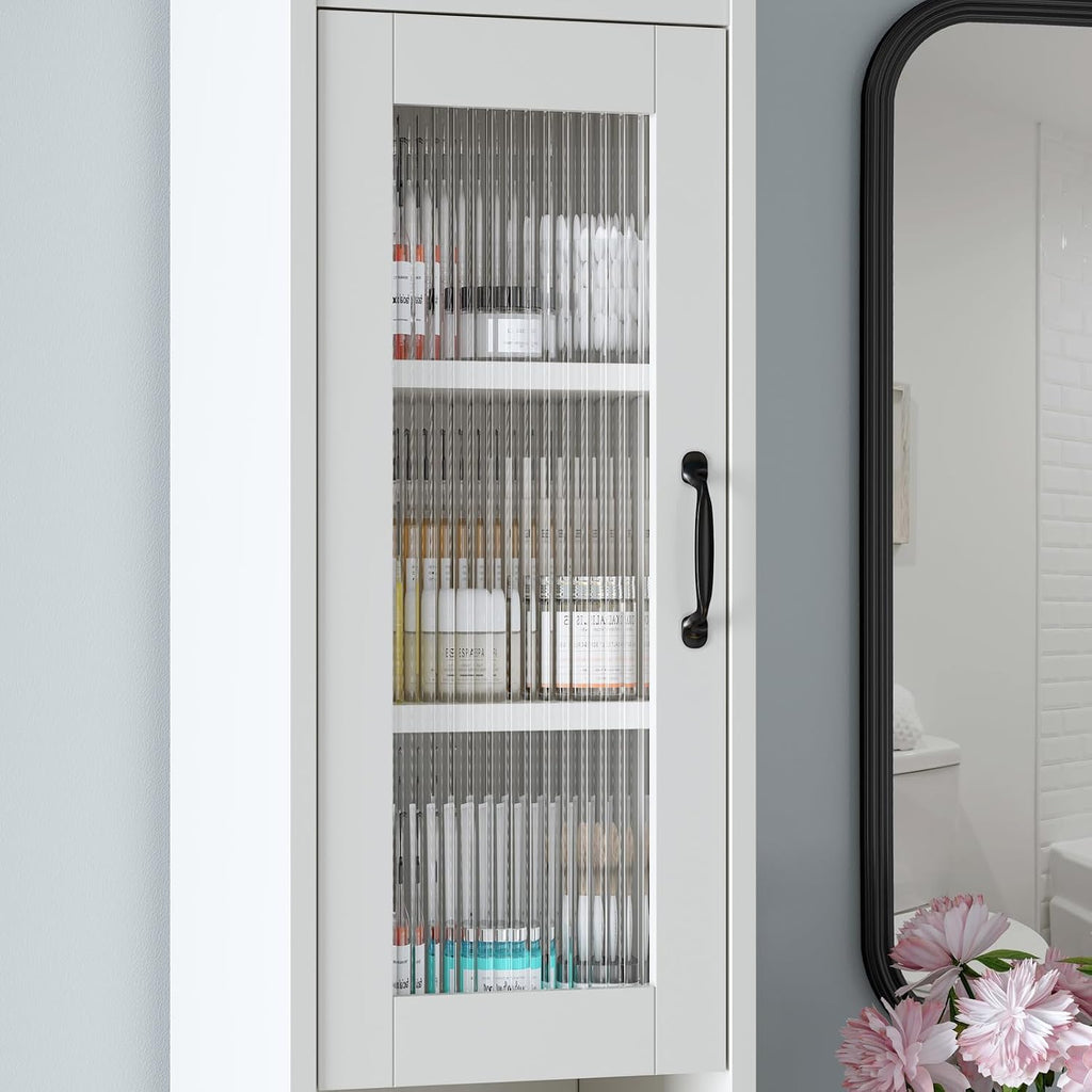 Cream White Slim Tall Glass Door Linen Cabinet