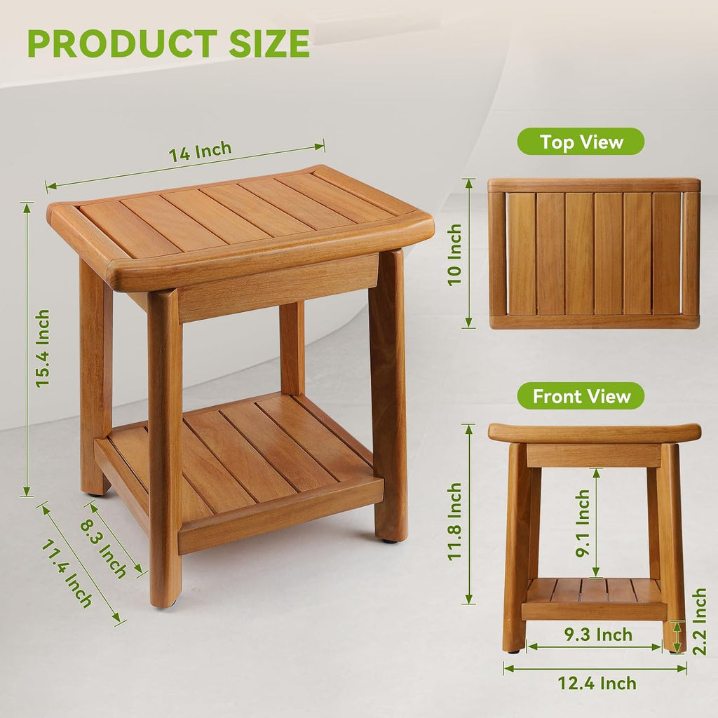 14 Inch Compact Teak Shower Bench With Storage Shelf