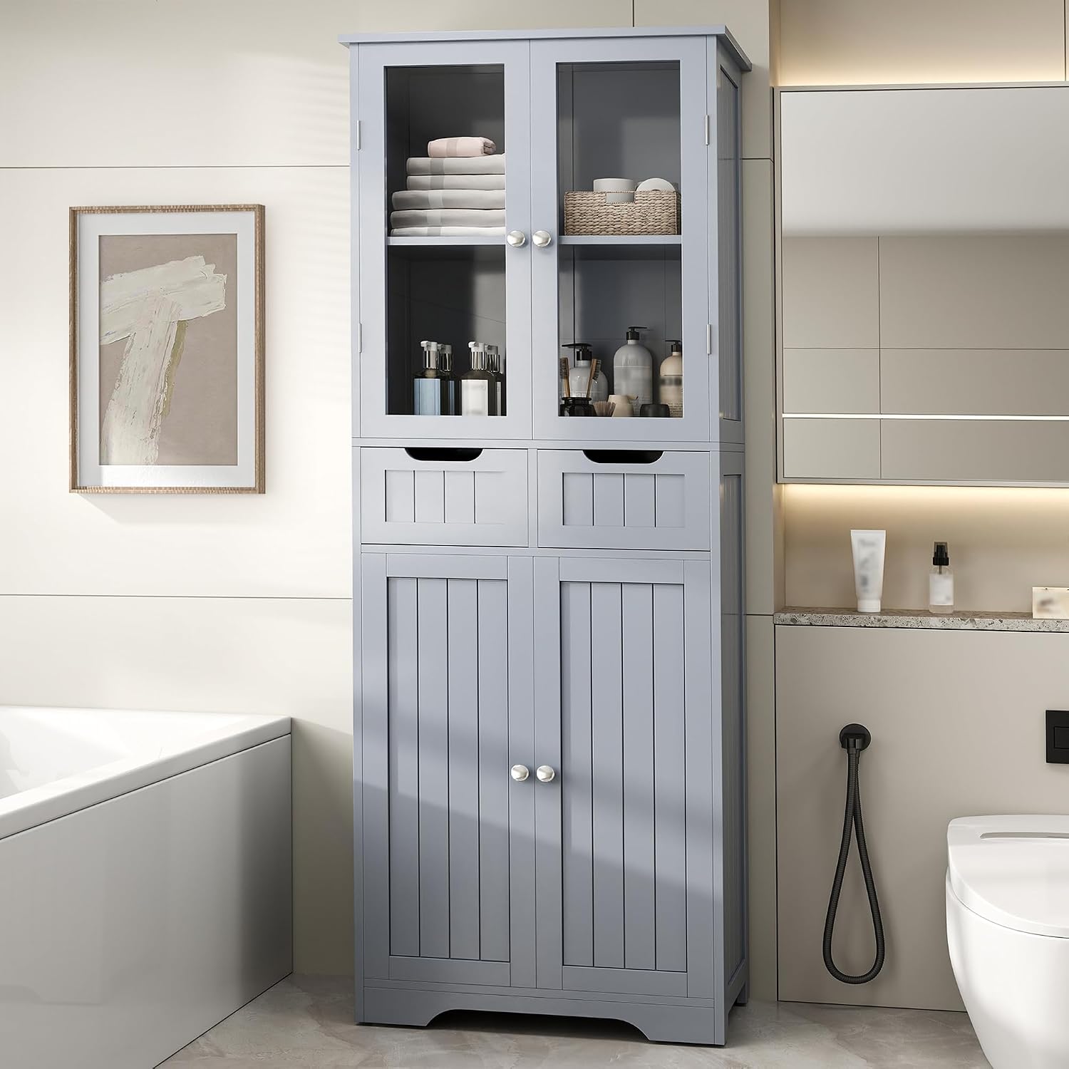 Gray Tall Freestanding Glass Door Storage Cabinet