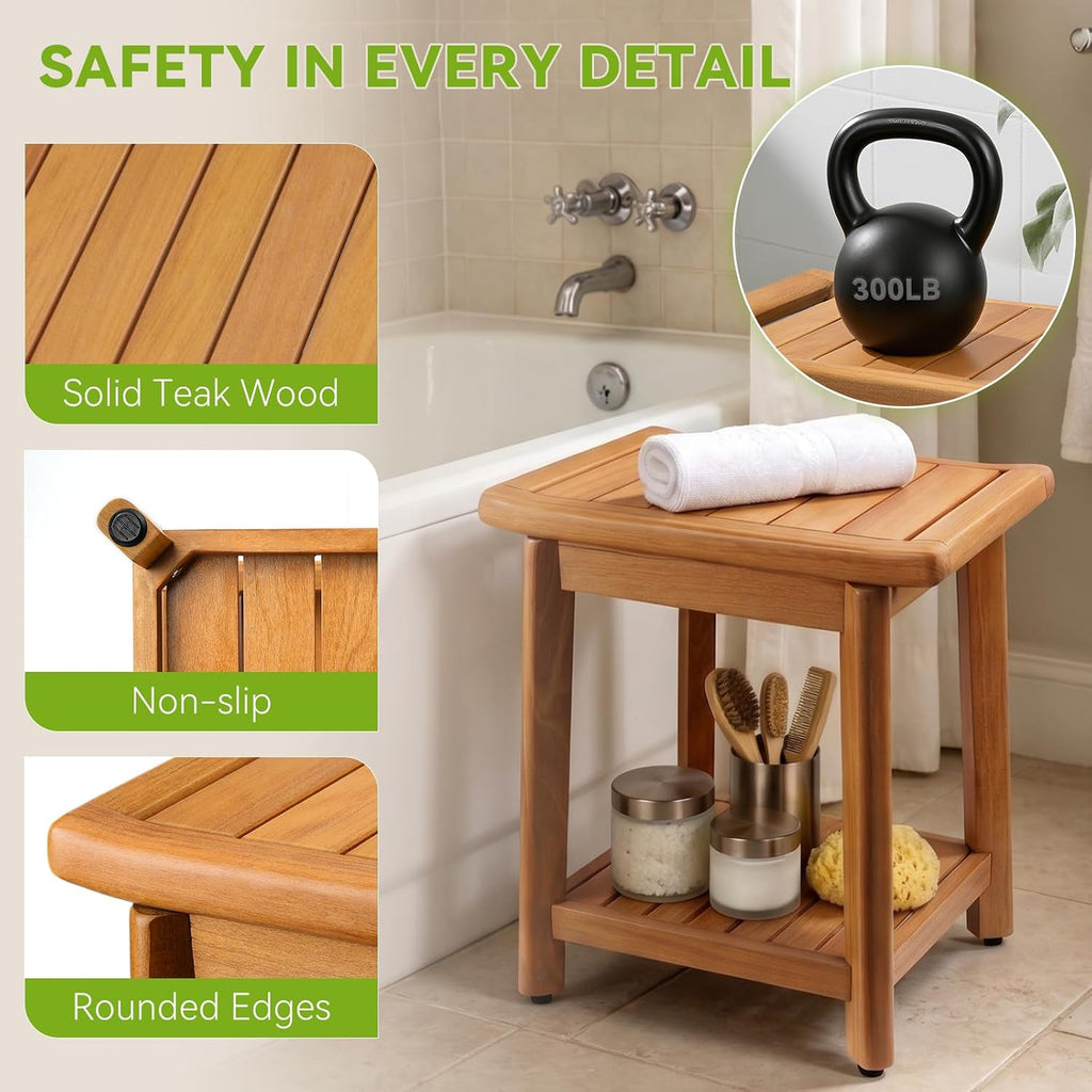 14 Inch Compact Teak Shower Bench With Storage Shelf