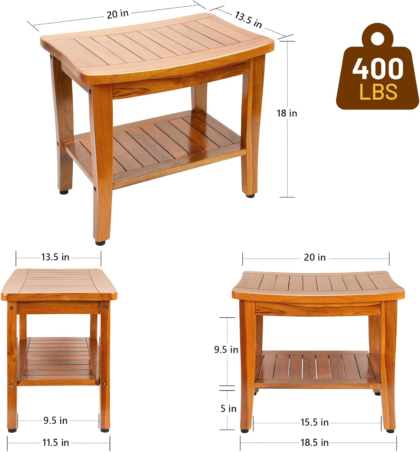 20 Inch Solid Teak Shower Bench With Shelf And Handle