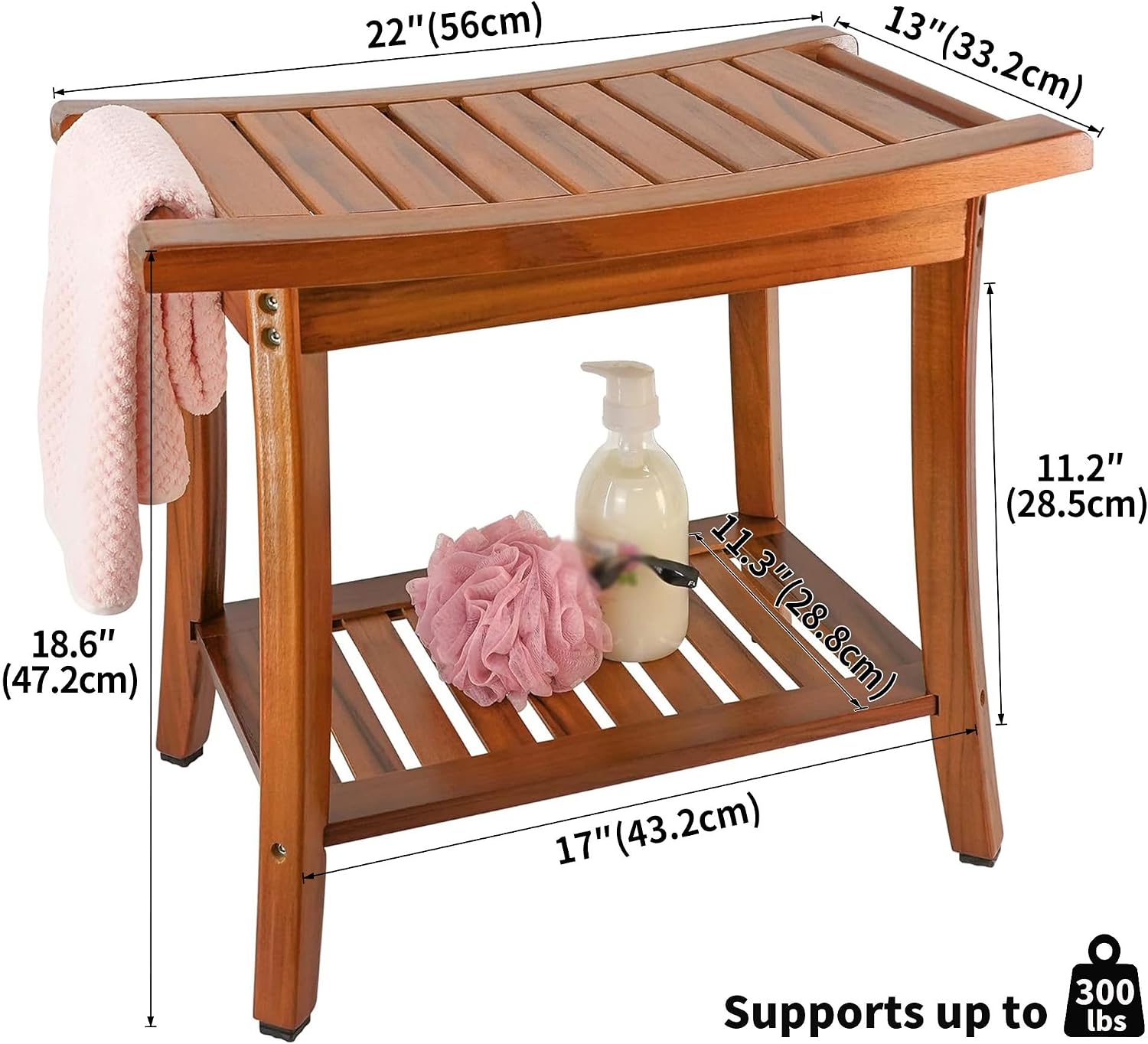 22 Inch Teak Shower Bench With Handles And Storage Shelf