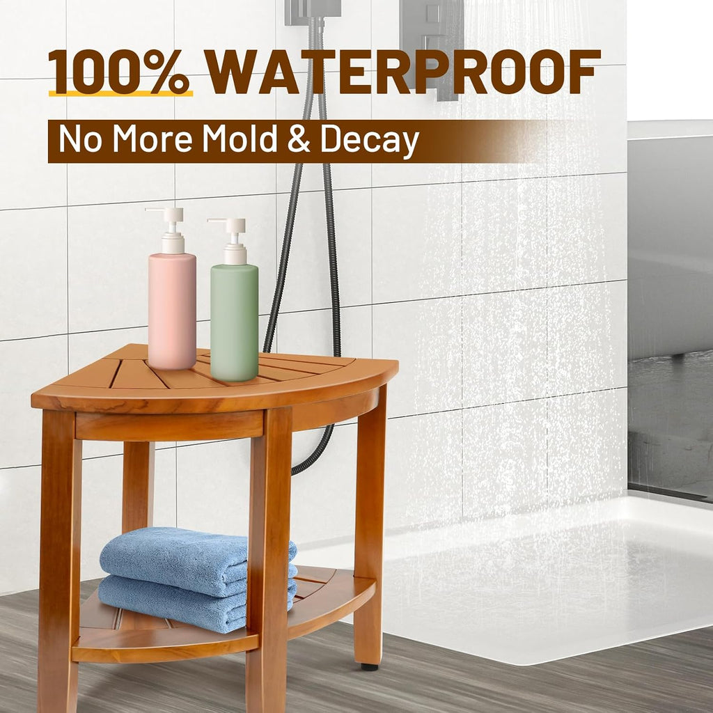 18 Inch Premium Solid Teak Corner Shower Bench With Shelf