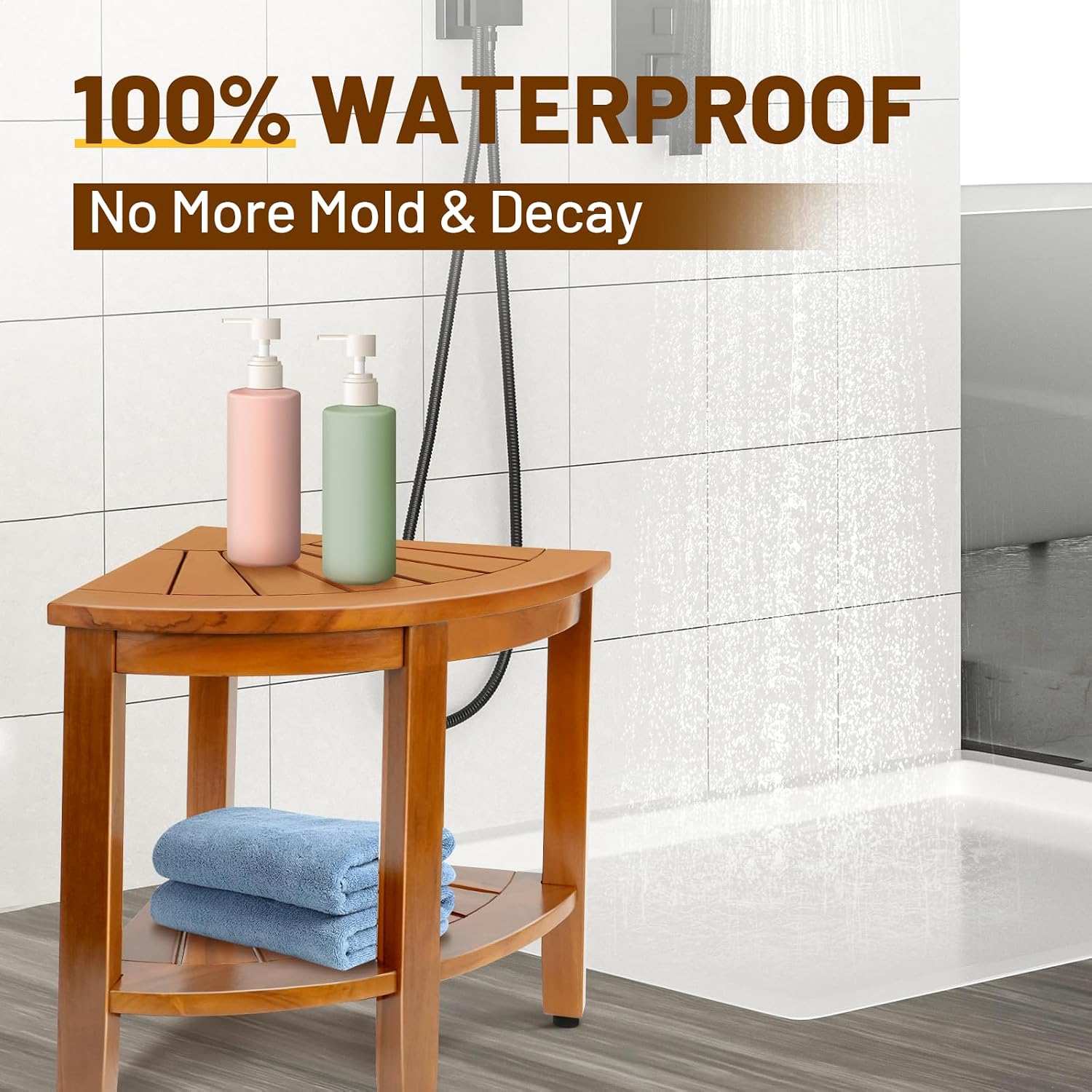 18 Inch Premium Solid Teak Corner Shower Bench With Shelf
