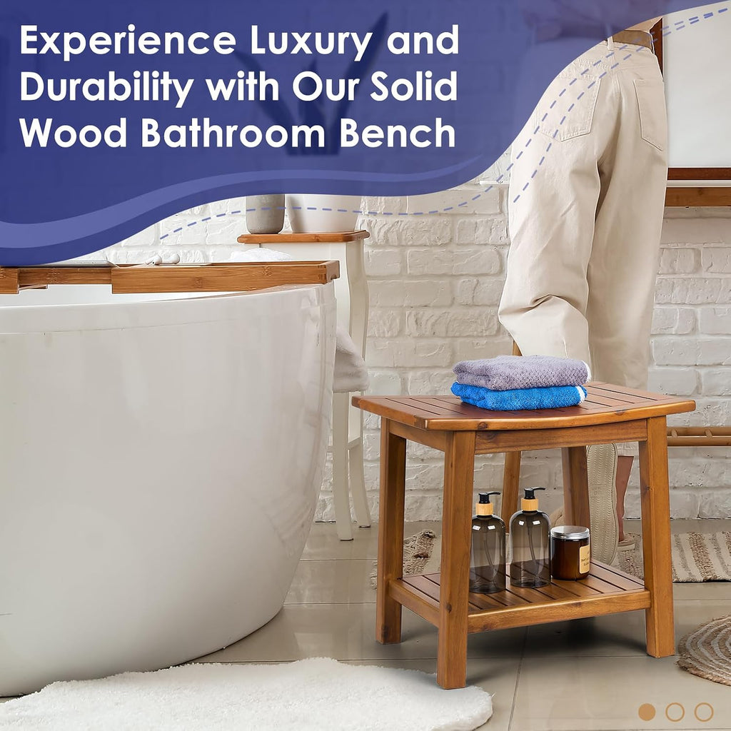 20 Inch Solid Teak Waterproof Shower Bench With Storage Shelf