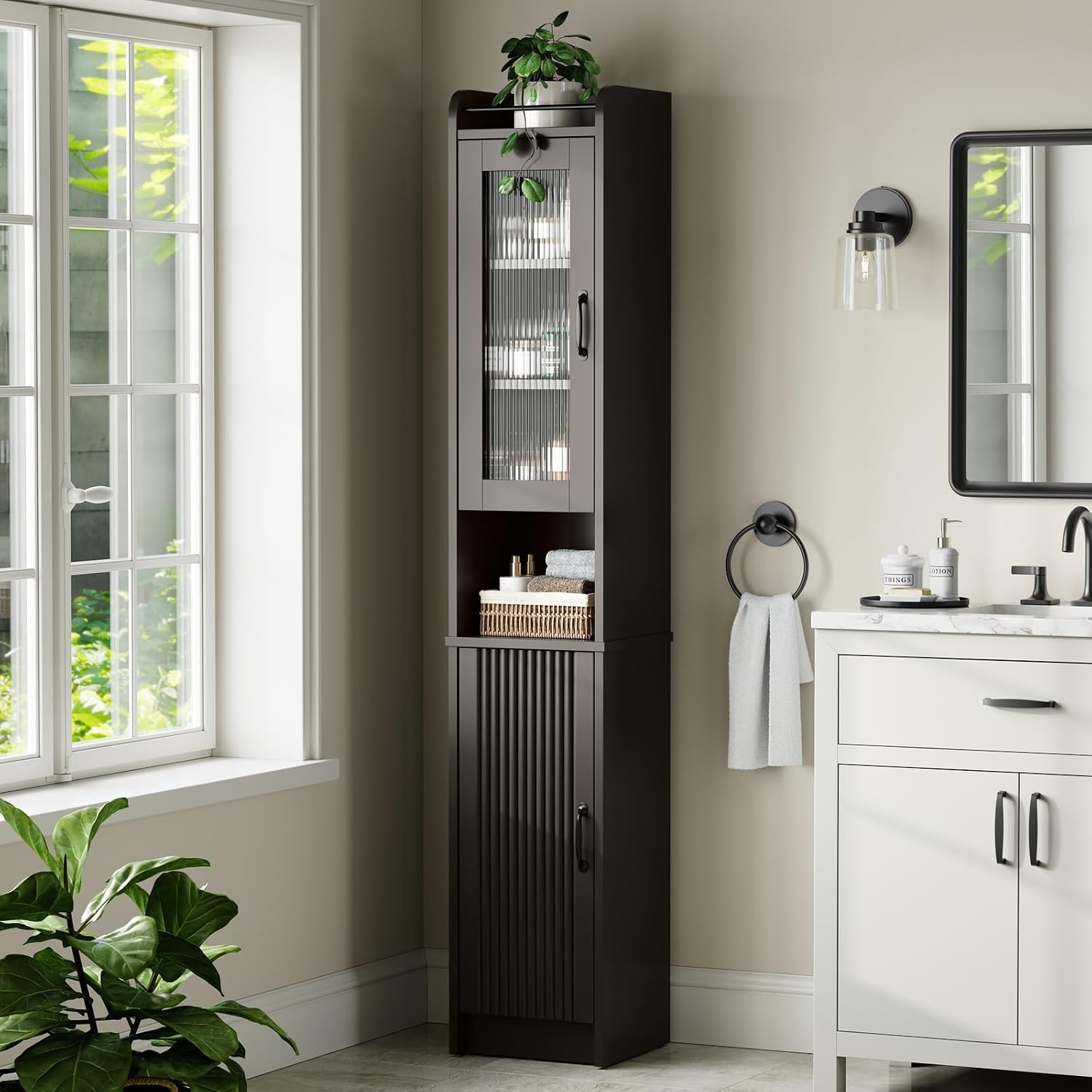 Espresso Fluted Slim Tall Linen Storage Cabinet