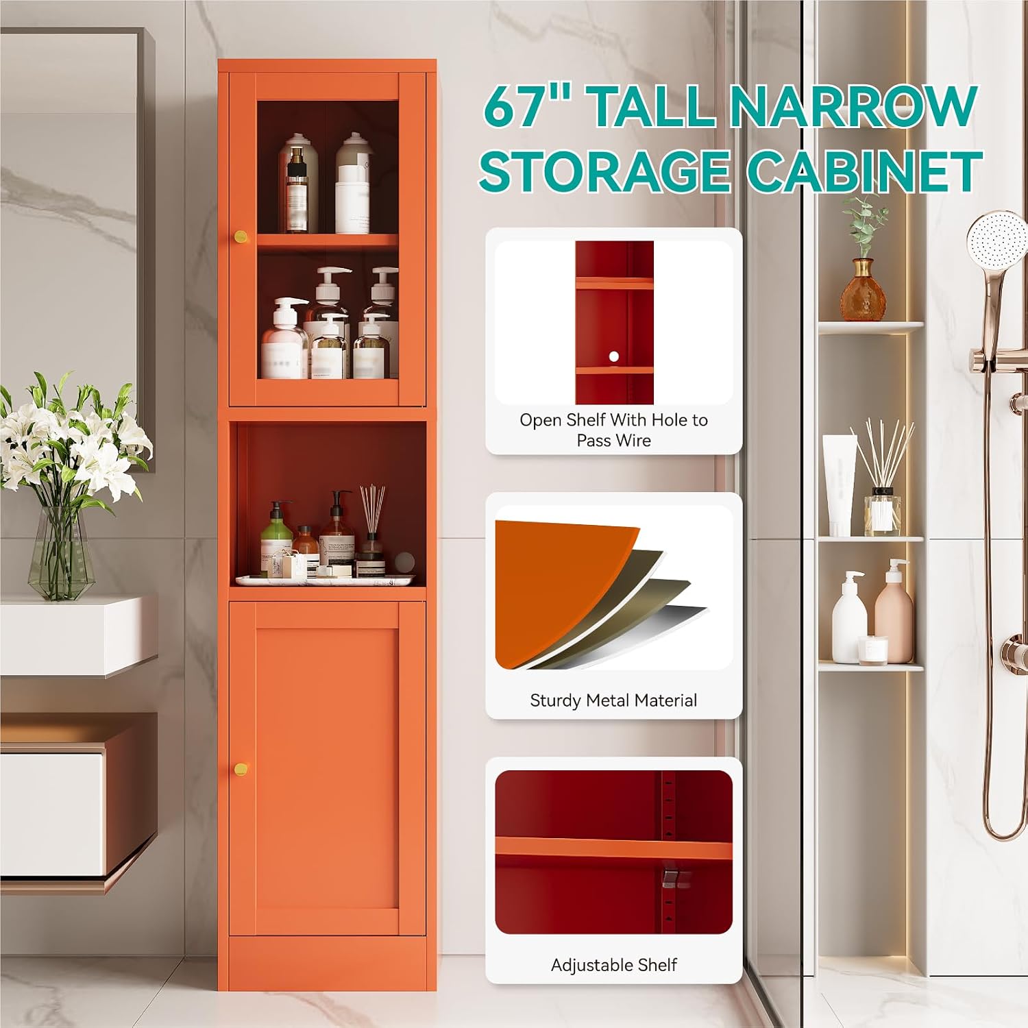Orange Slim Glass Door Metal Storage Cabinet