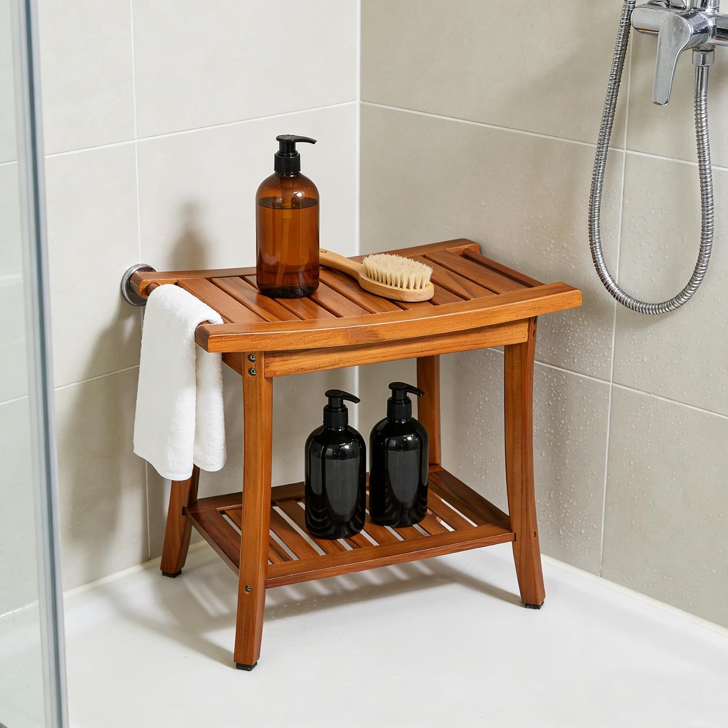 22 Inch Teak Shower Bench With Handles And Storage Shelf