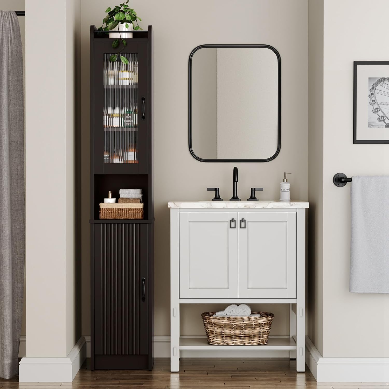 Espresso Fluted Slim Tall Linen Storage Cabinet