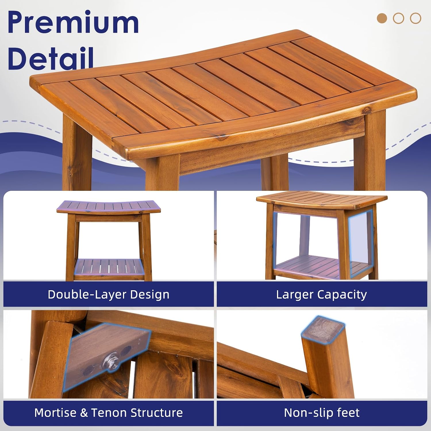20 Inch Solid Teak Waterproof Shower Bench With Storage Shelf