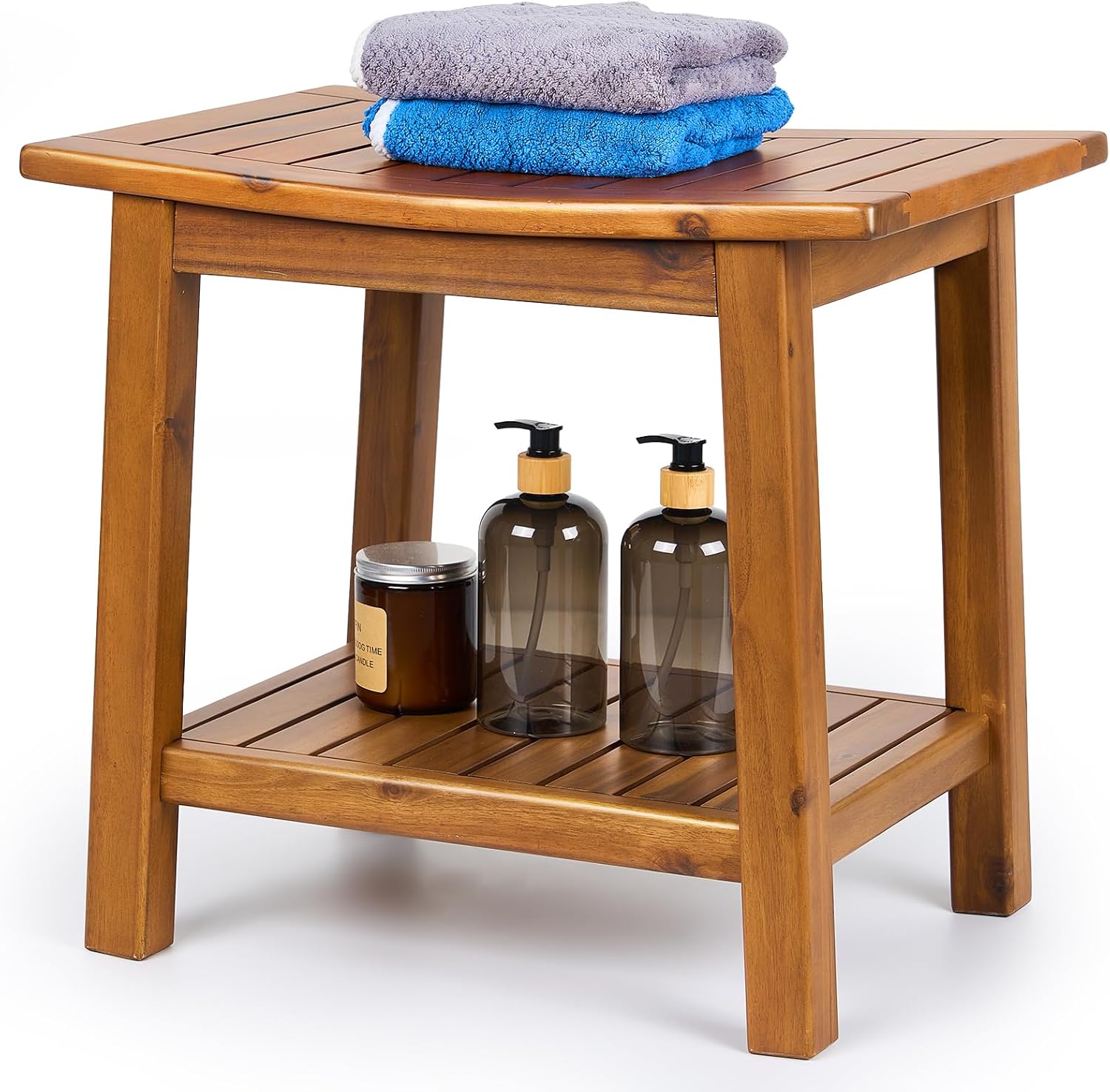 20 Inch Solid Teak Waterproof Shower Bench With Storage Shelf