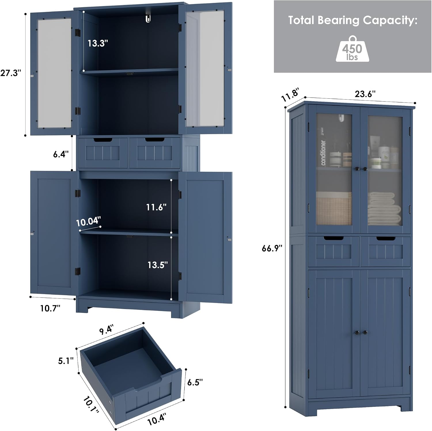 Blue Freestanding Tall Glass Door Linen Cabinet