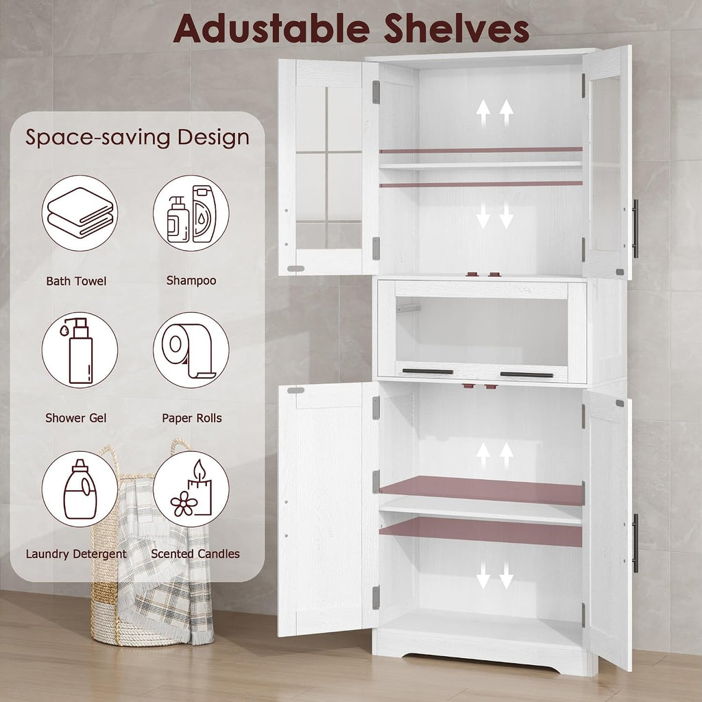White Freestanding Tall Glass Door Storage Cabinet